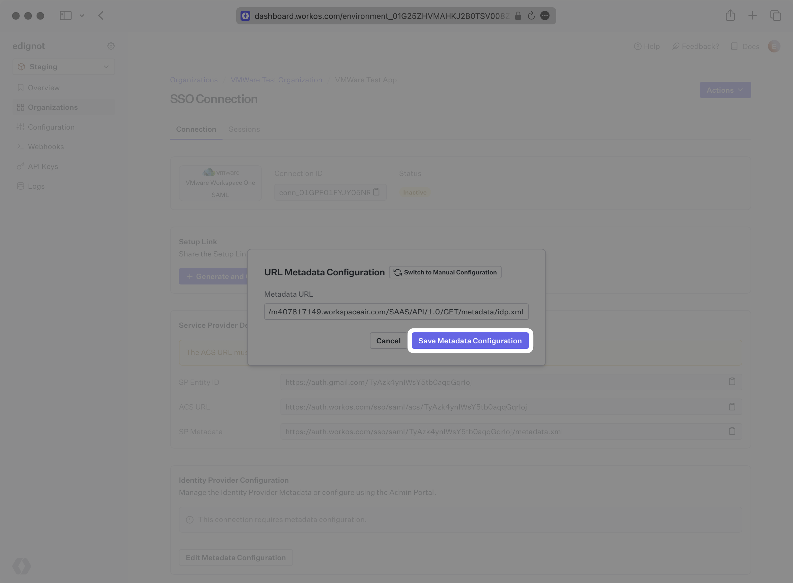 A screenshot showing how to configure IdP metadata URL in the WorkOS dashboard.