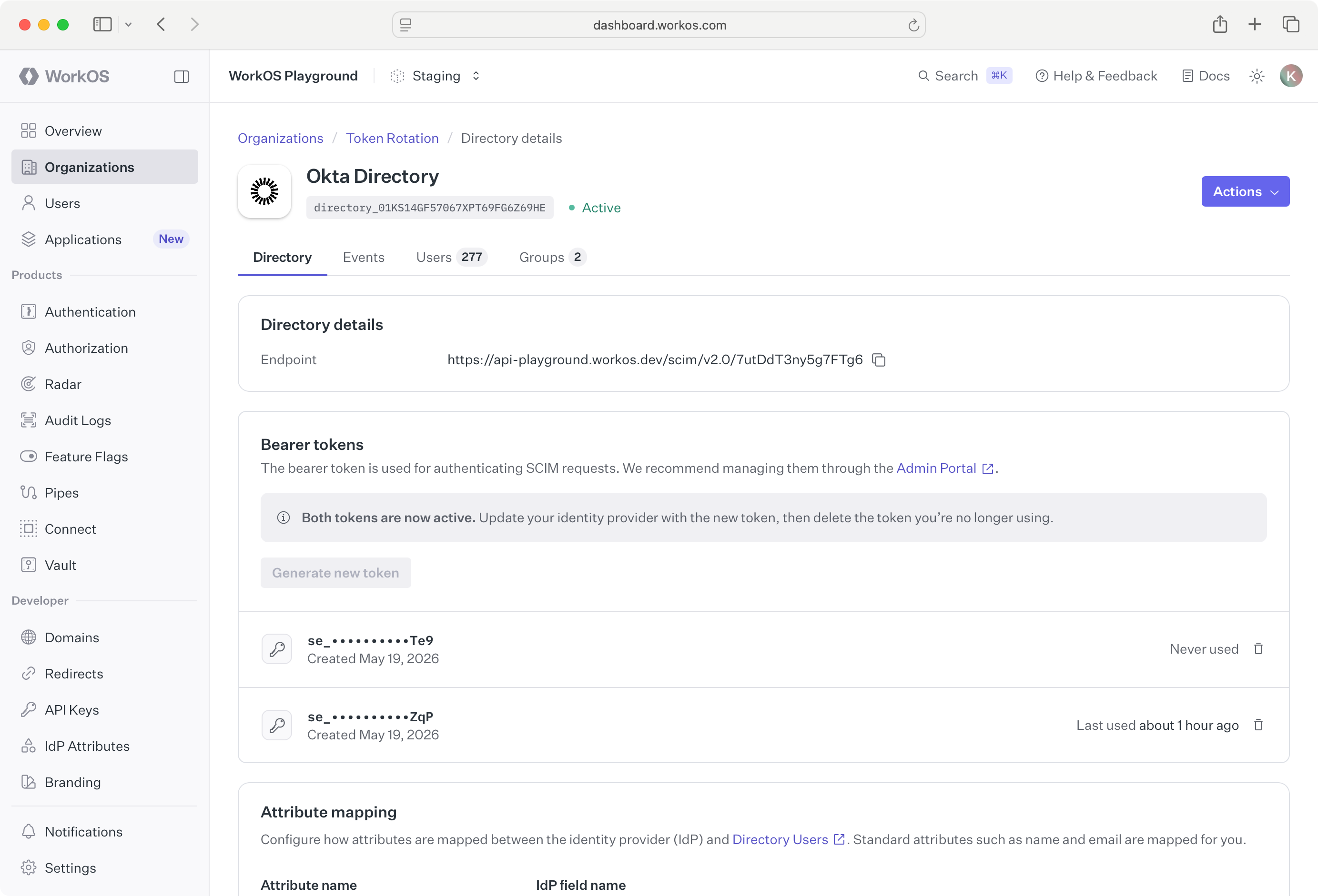 The WorkOS Dashboard showing the bearer tokens card on the directory details page.