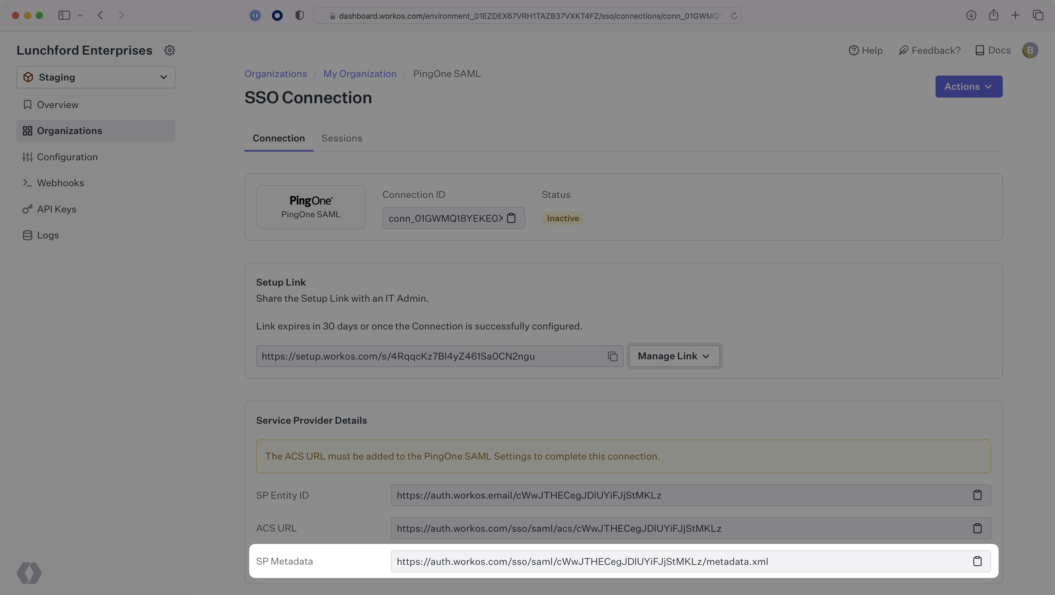 A screenshot showing where to find the SP Metadata URL in the WorkOS Dashboard.