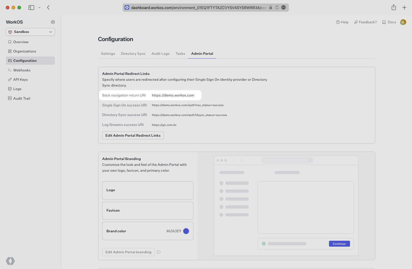 A screenshot showing the Admin Portal Redirect Links tab to set redirect URIs in the WorkOS Dashboard.