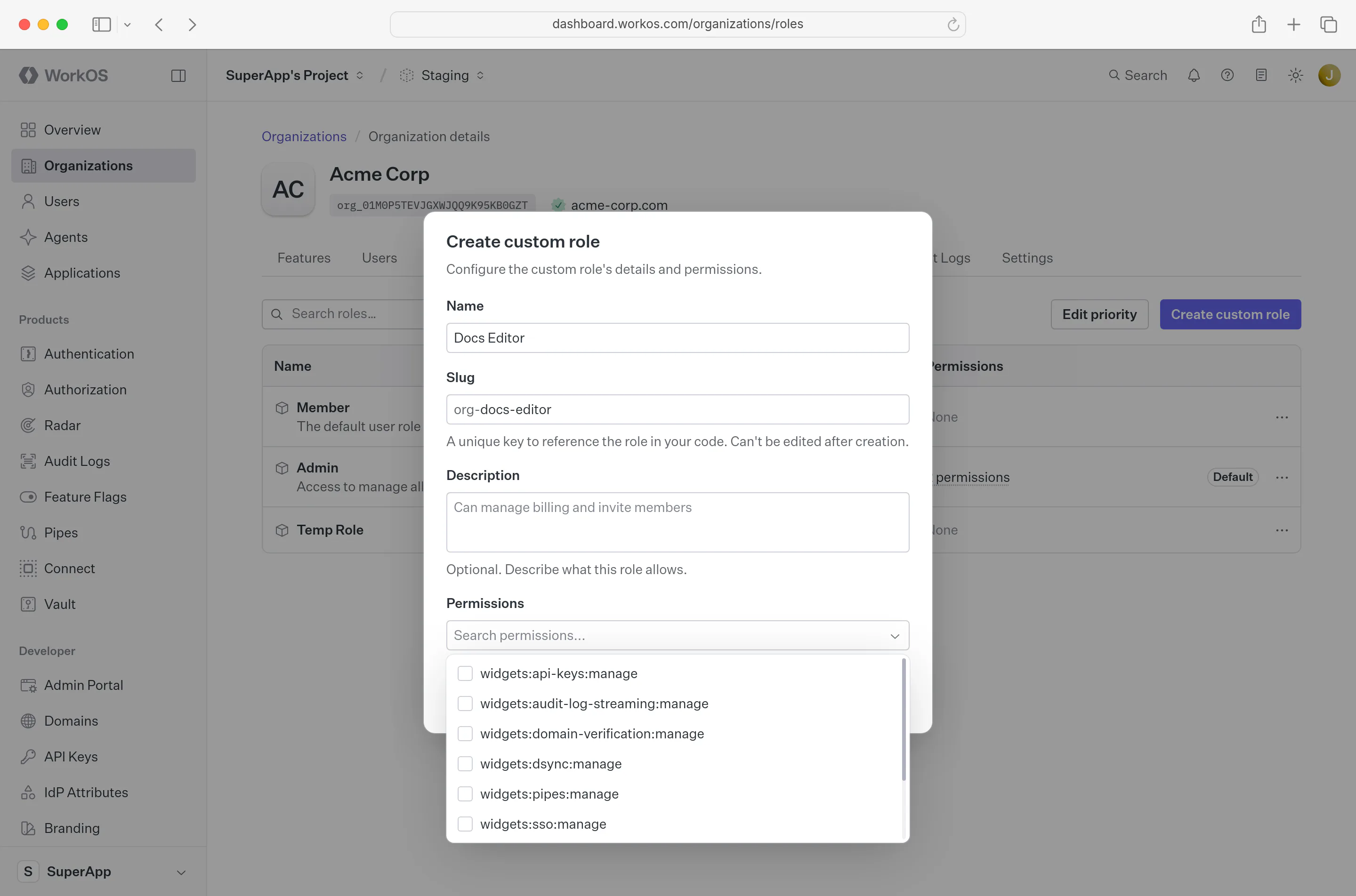 Create custom role permissions step