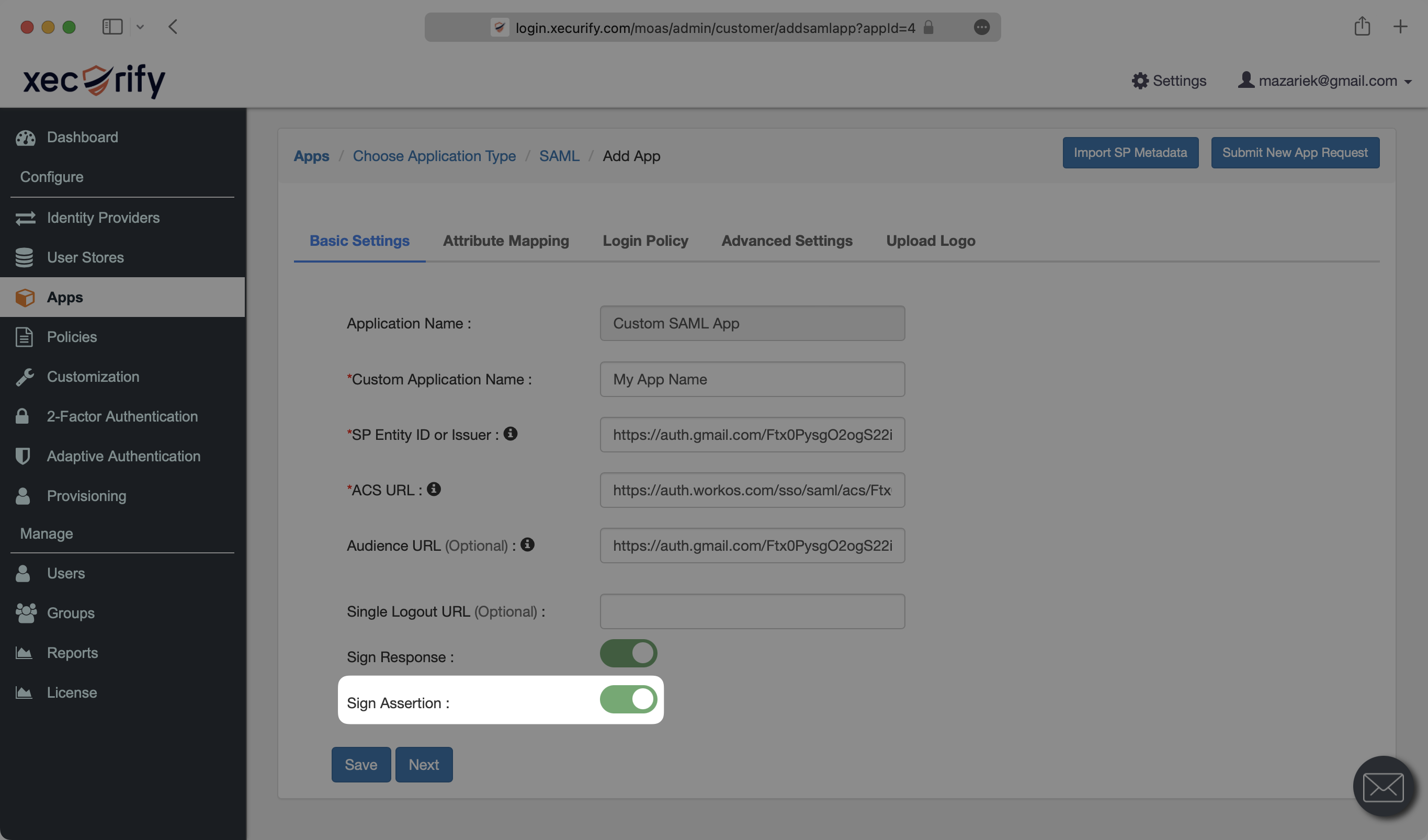 A screenshot showing the "Sign Assertion" toggle activated in the miniOrange dashboard.