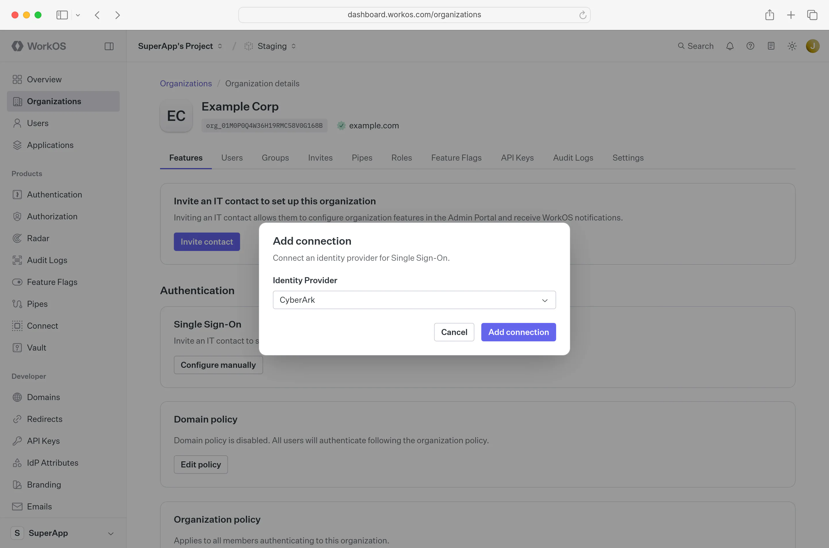 A screenshot showing the “Create Connection” modal in the WorkOS dashboard.