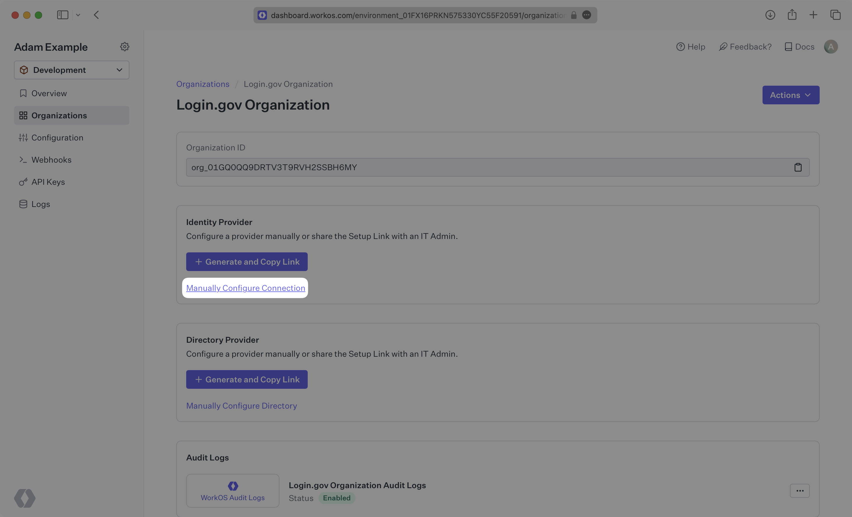 A screenshot showing where to find "Manually Configure Connection" in the WorkOS Dashboard.