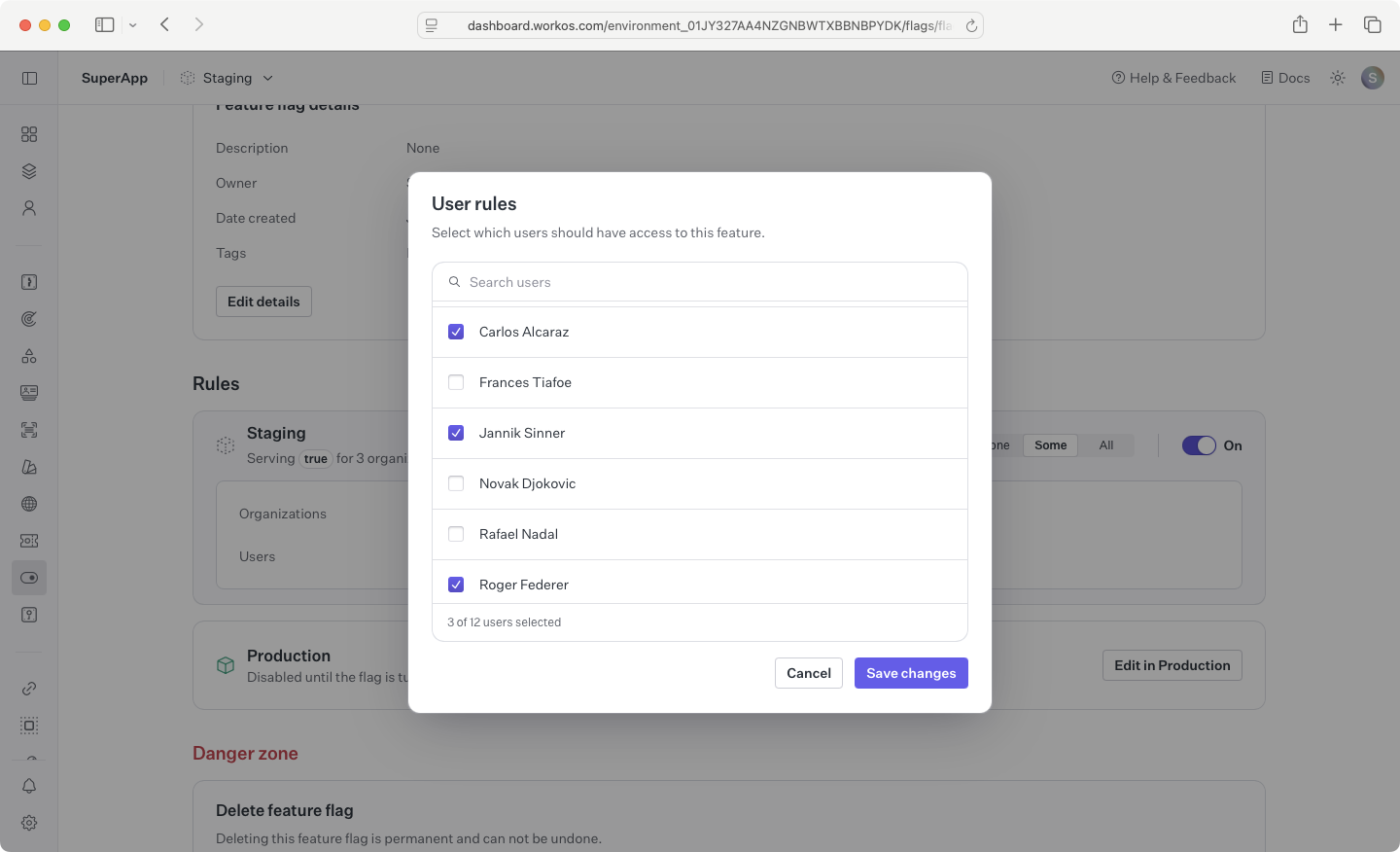 A screenshot showing the configuration of a feature flag user rule.