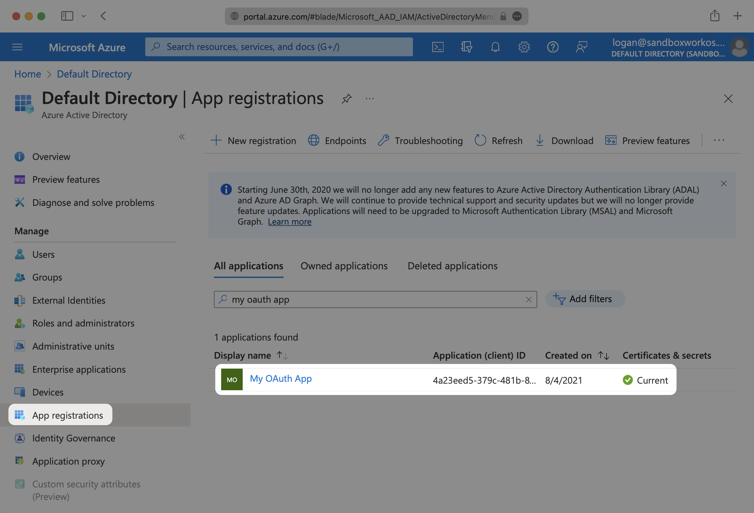 Where to select an application in the Azure Portal.