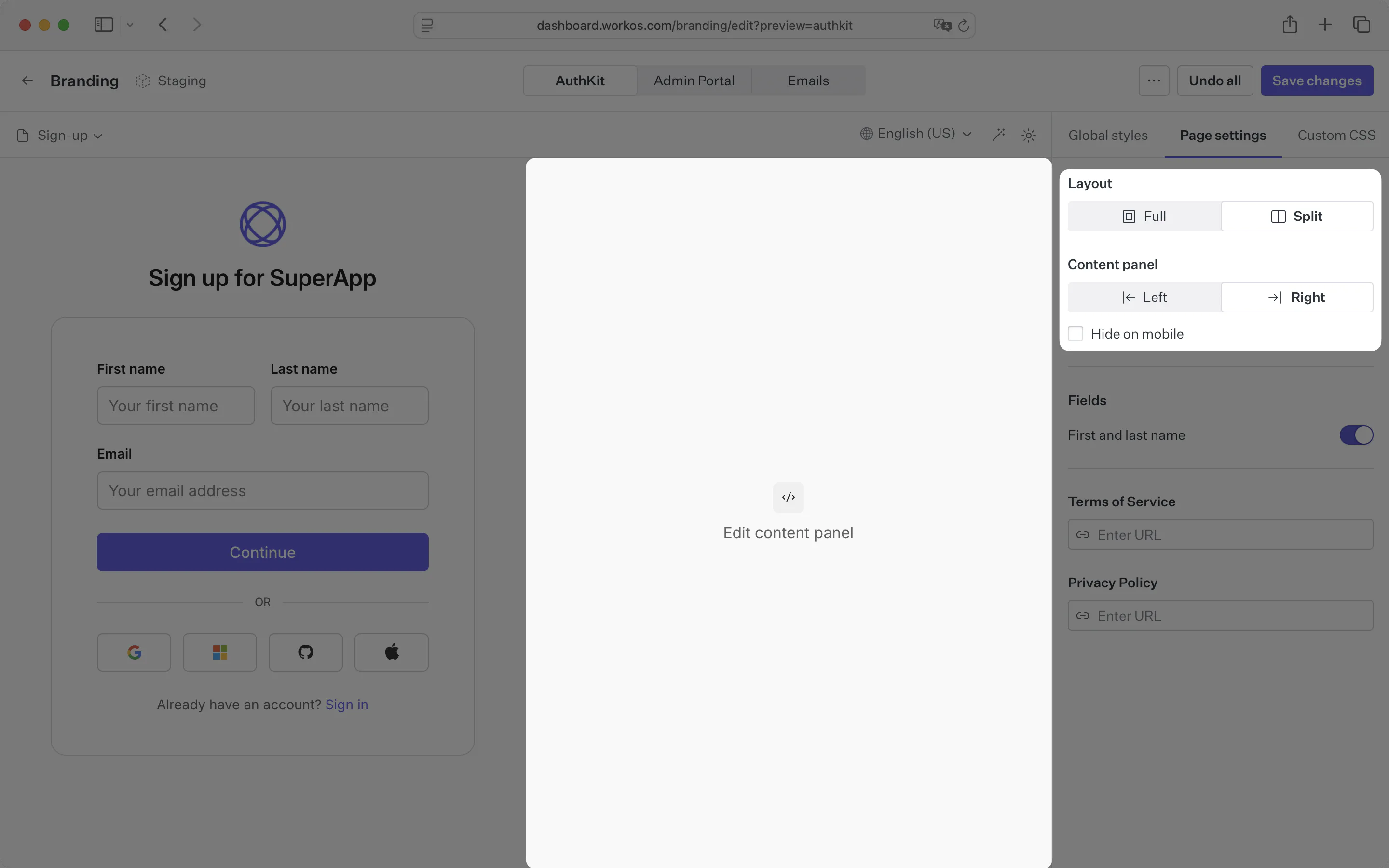 Split layout content panel setting in the brand editor