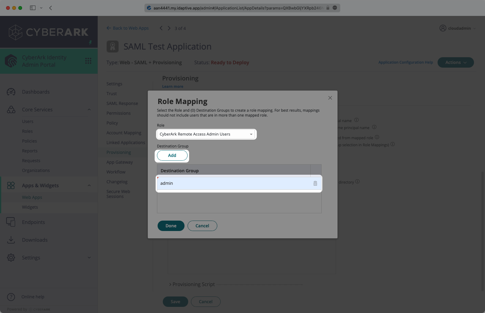 A screenshot showing how to configure the "Role" and "Destination Group" settings in the "Role Mapping" modal of the CyberArk dashboard.