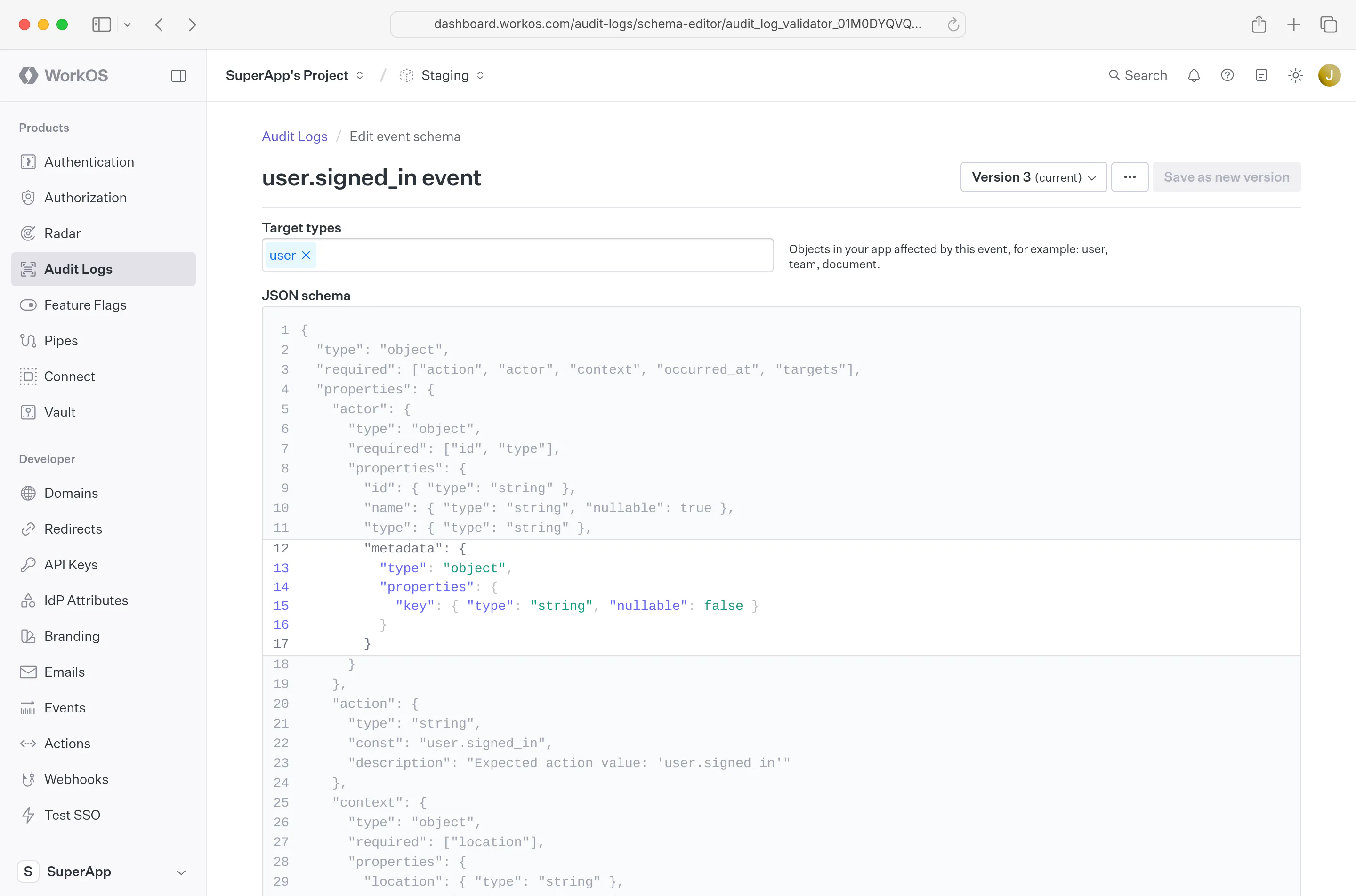 A screenshot showing the schema editor in the WorkOS Dashboard.
