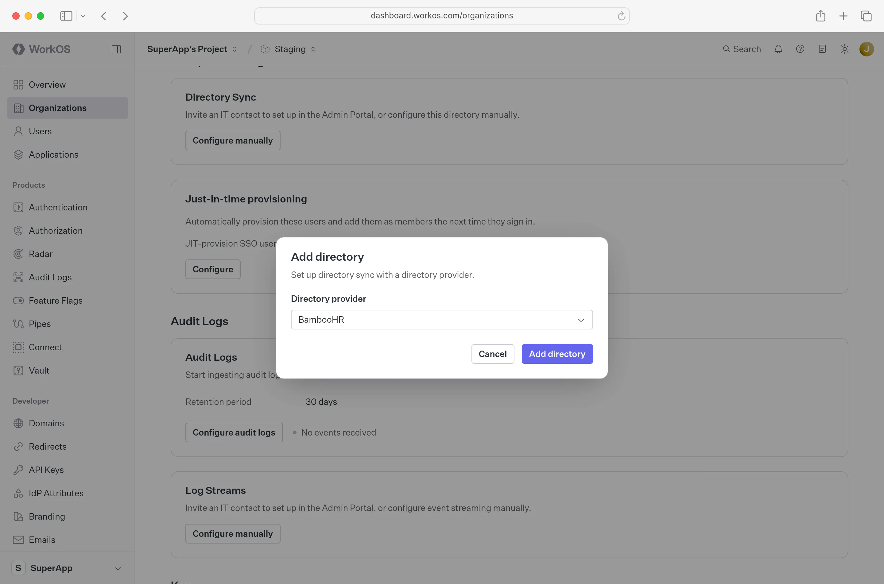 A screenshot showing “Create Directory” details in the WorkOS Dashboard.