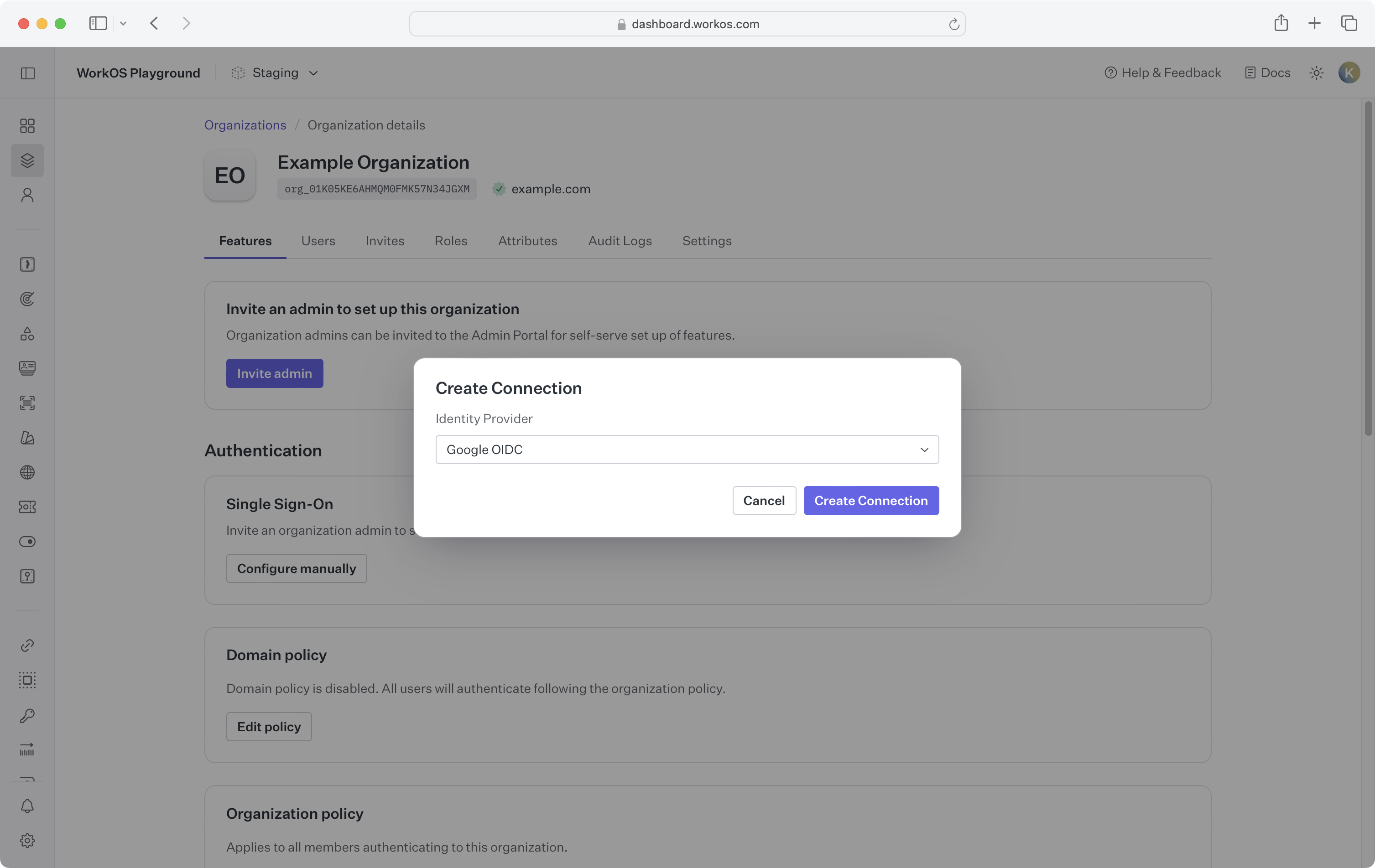 Create Connection form with Google OIDC selected as Identity Provider