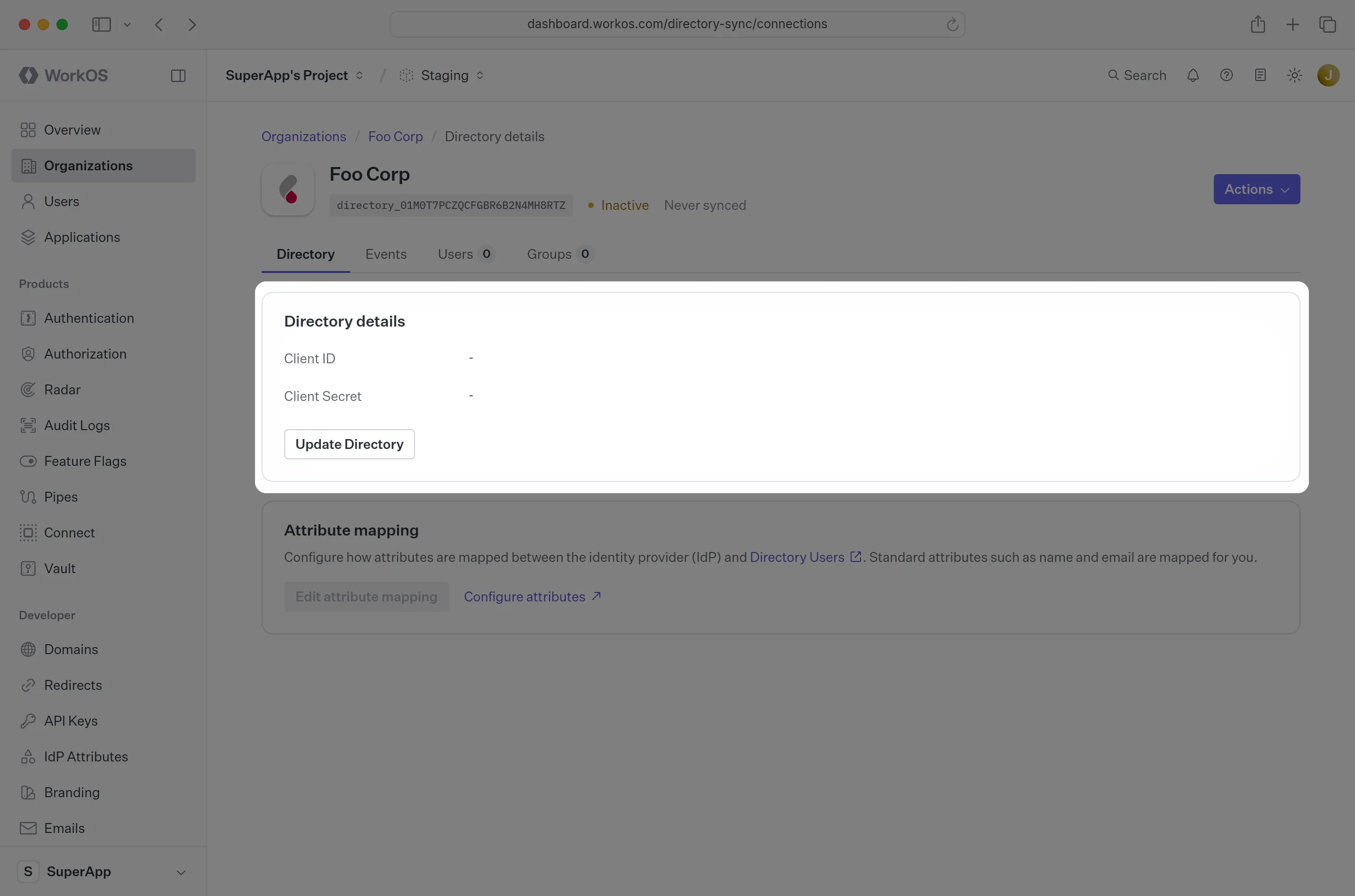 A screenshot showing where to find the “Update Directory” button in the WorkOS dashboard.