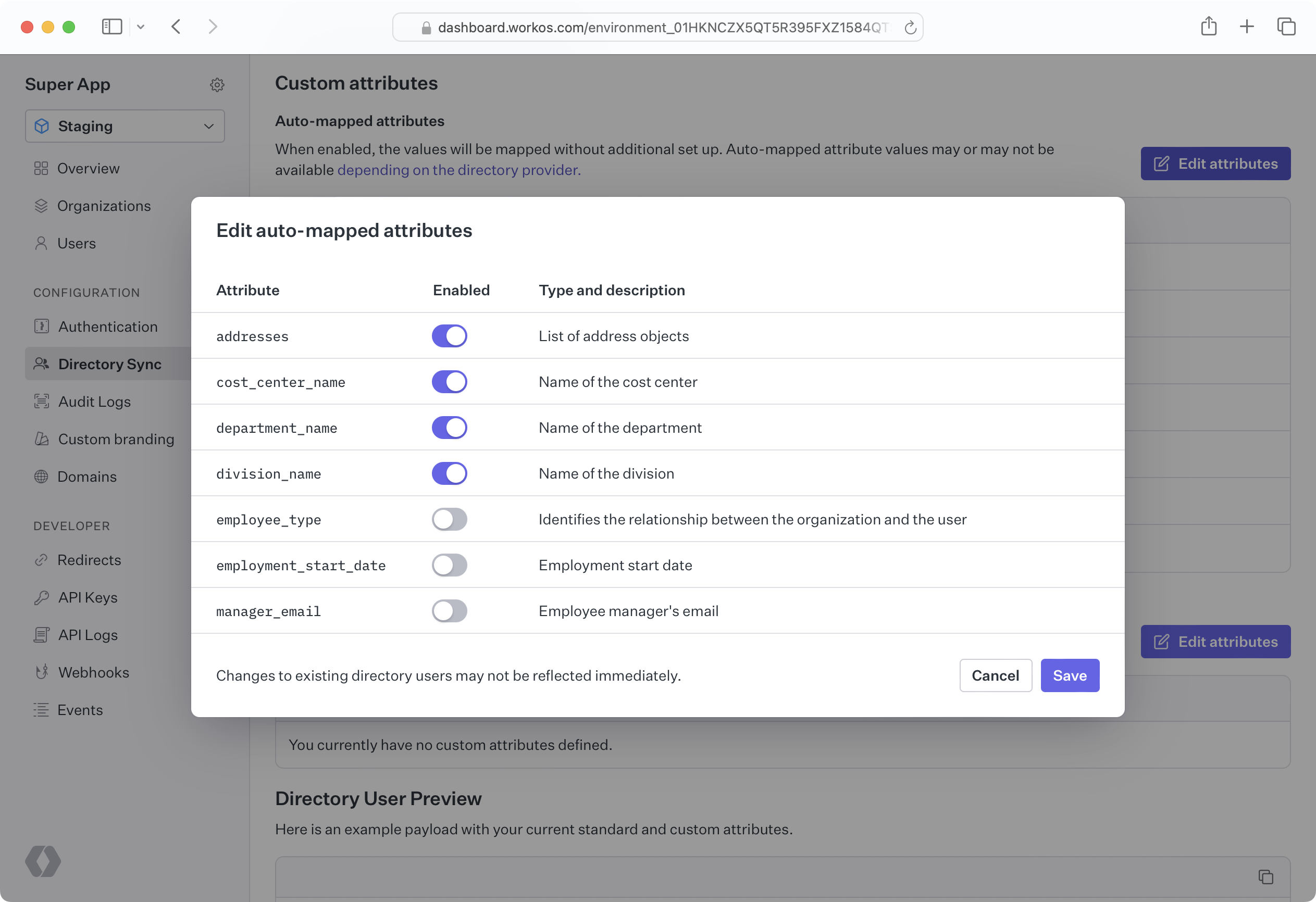 WorkOS Dashboard UI showing "Edit auto-mapped attributes" dialog