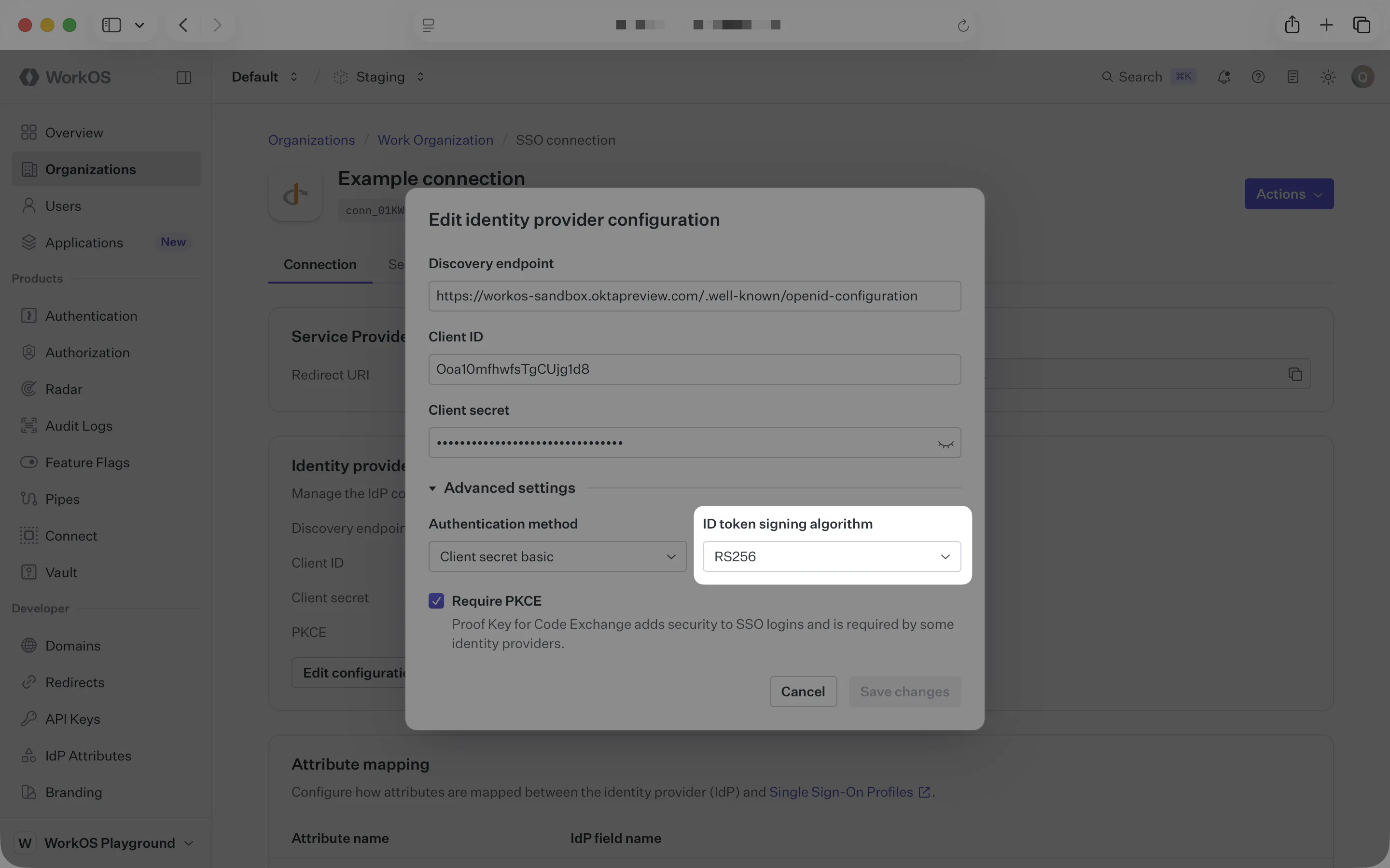 Select the ID token signing algorithm for this connection.
