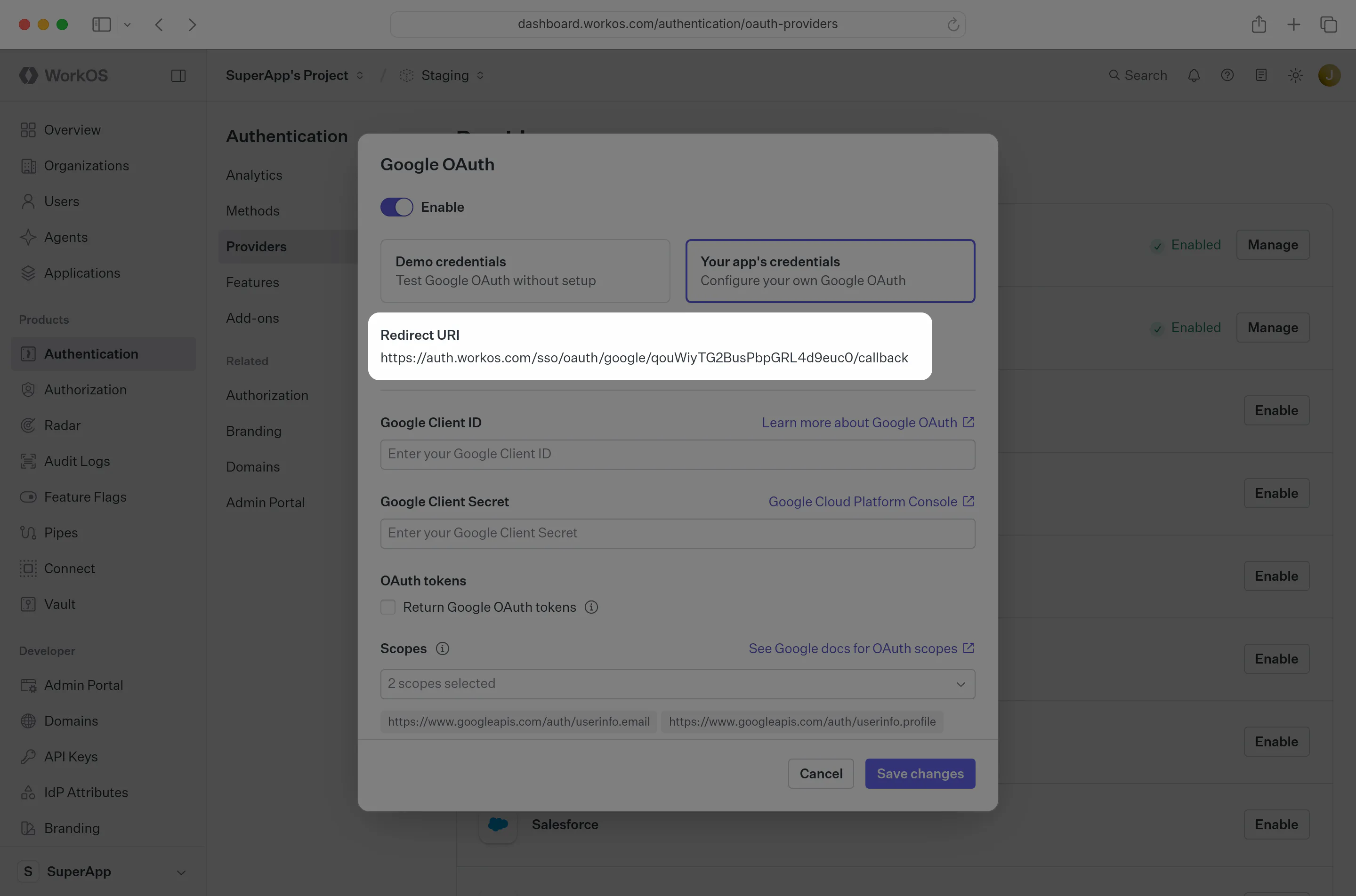 Google OAuth Redirect URI in the WorkOS Dashboard.