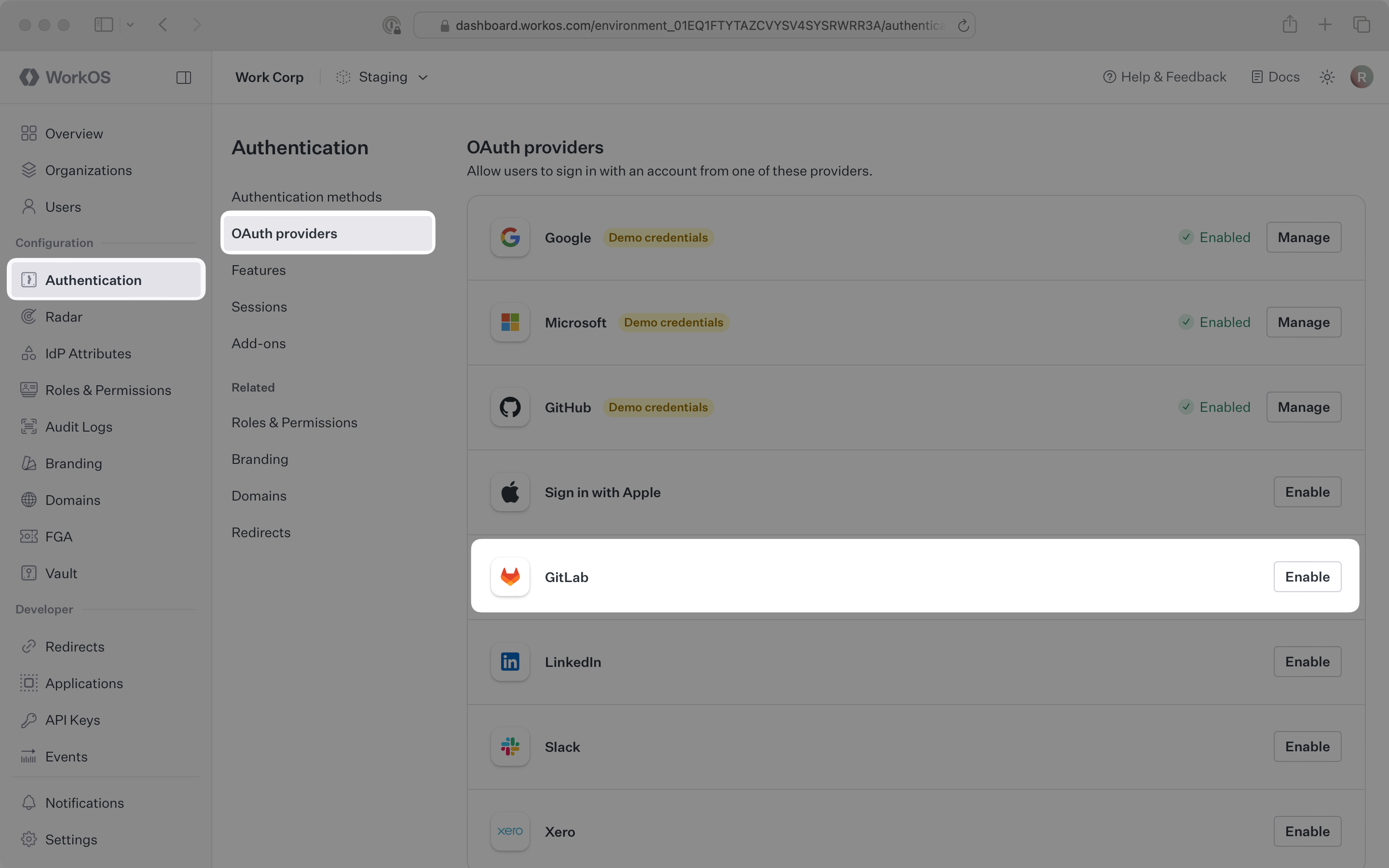 The GitLab OAuth section in the WorkOS Dashboard