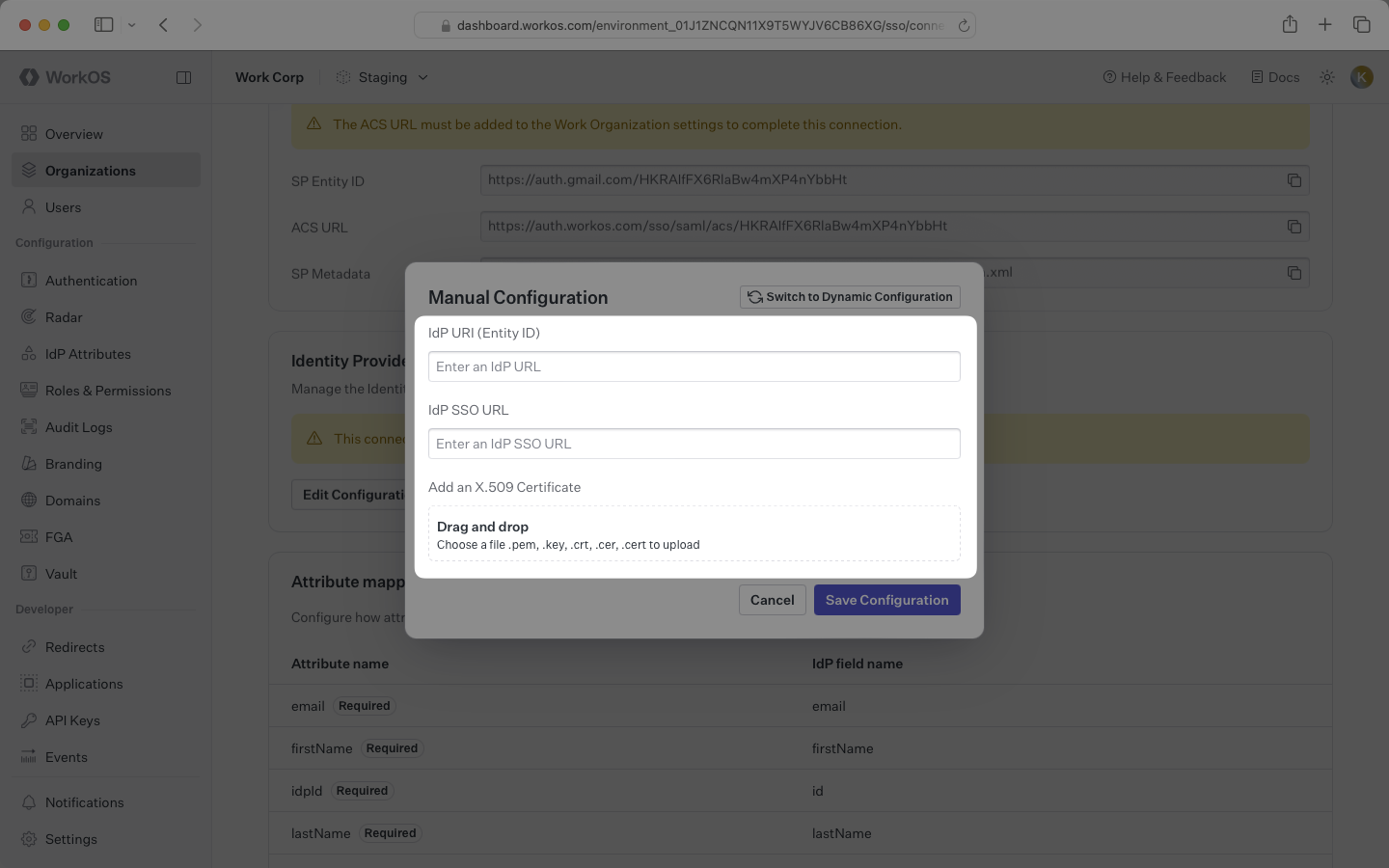 Manually Configure Connection in WorkOS Dashboard