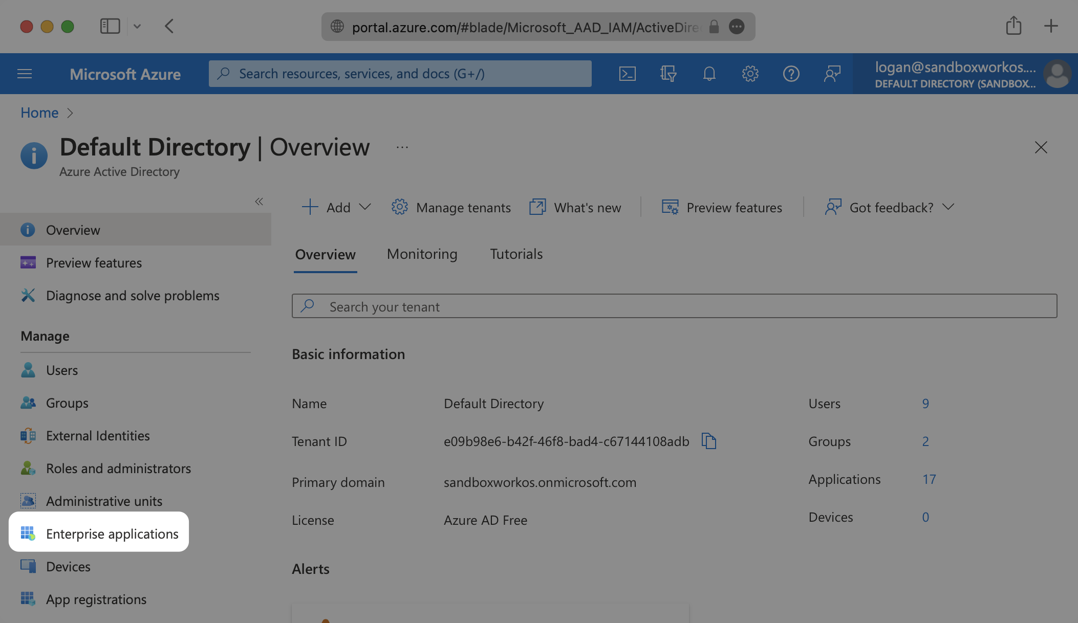 A screenshot showing where to select "Enterprise Applications" in the Azure dashboard.