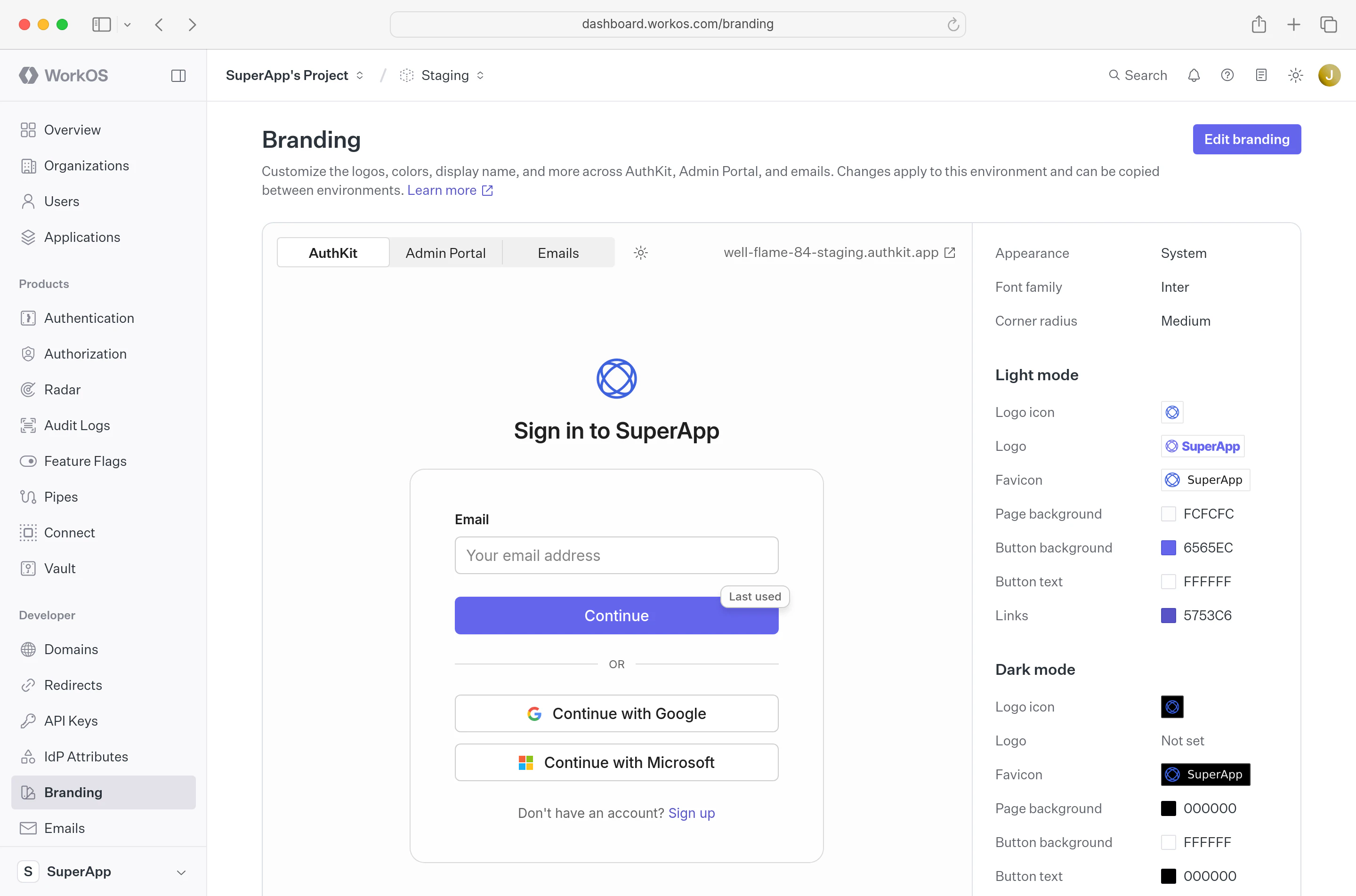 A screenshot showing the WorkOS Dashboard branding settings page.