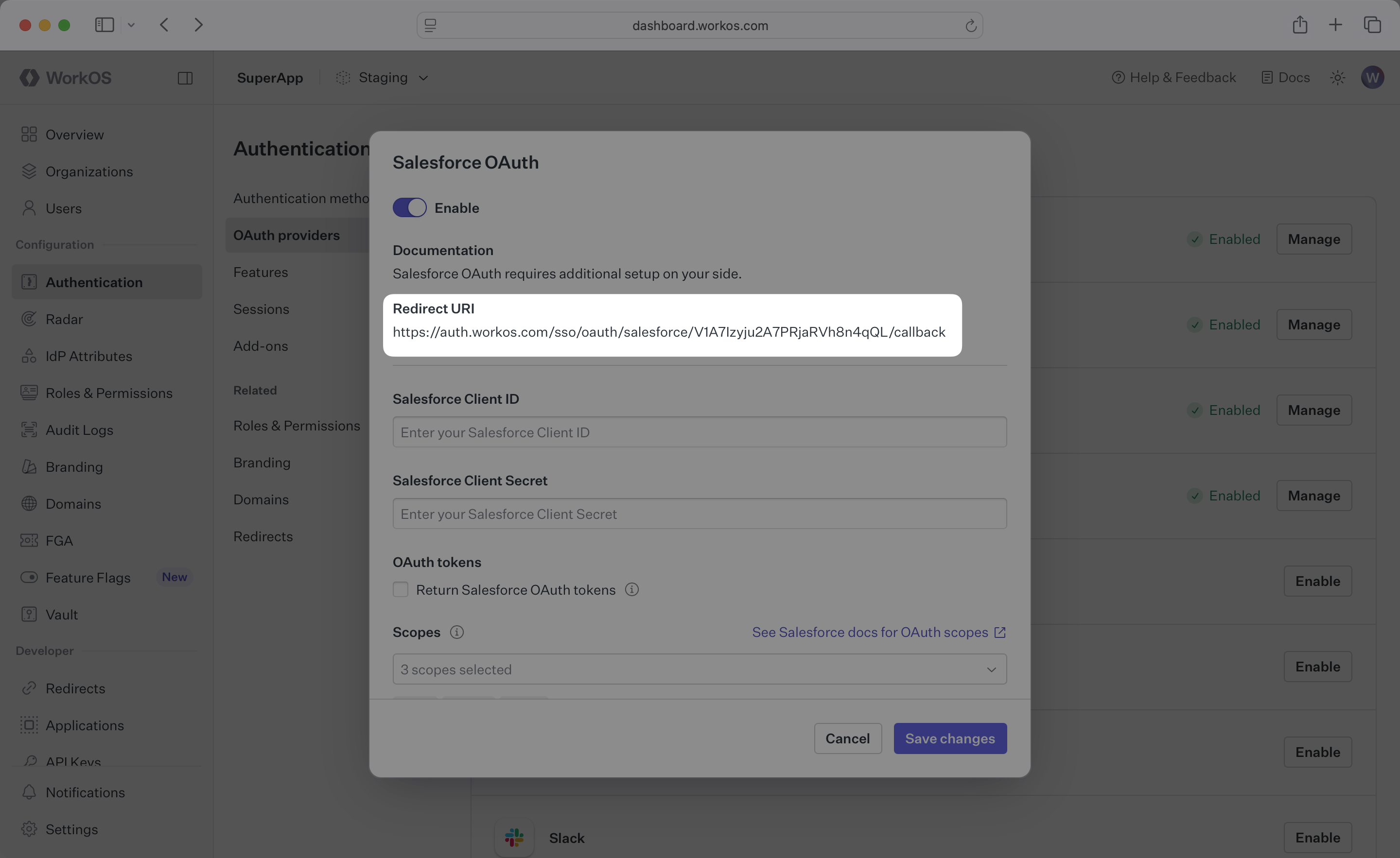 Salesforce OAuth Redirect URI in the WorkOS Dashboard