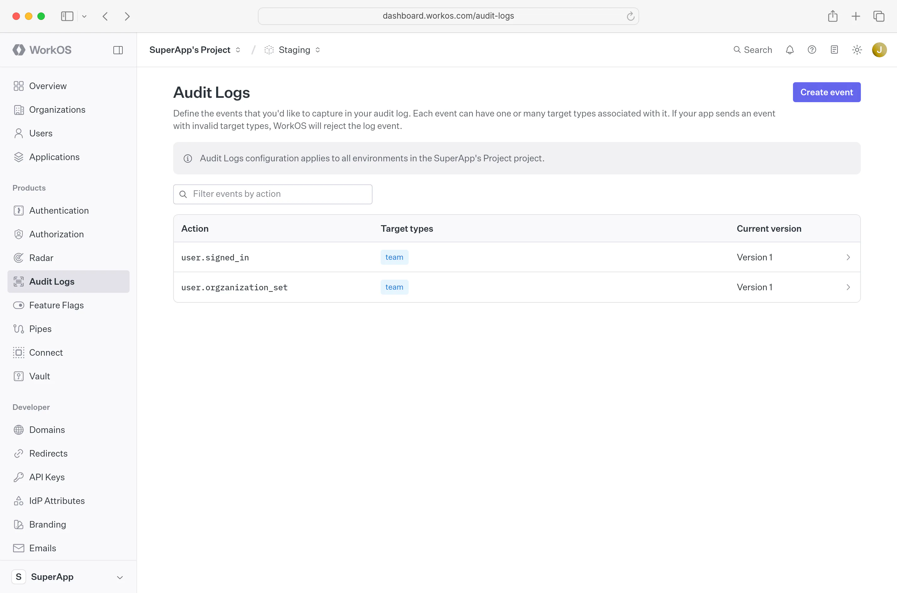 A screenshot showing the “Edit Event” option in the WorkOS Dashboard.