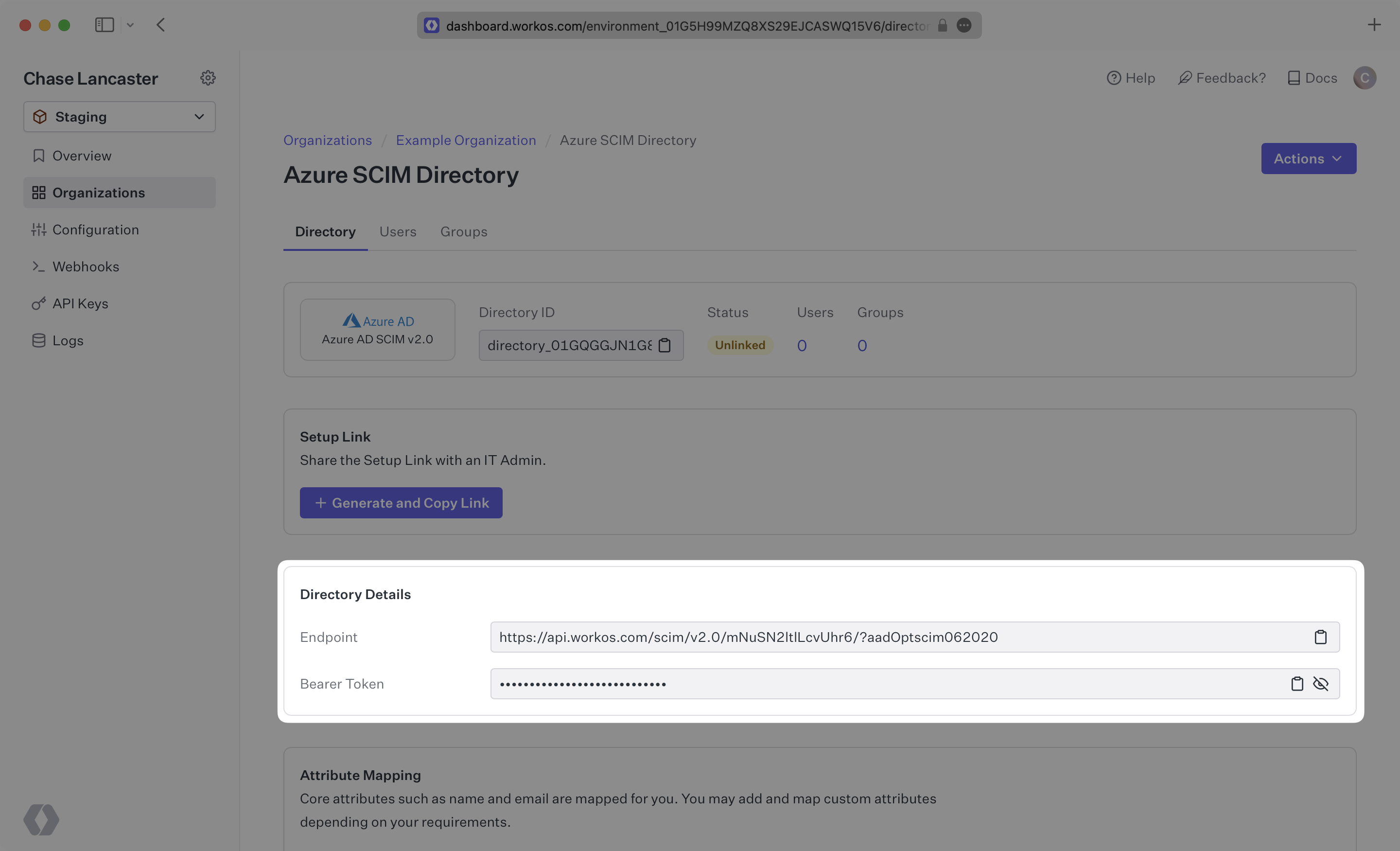 A screenshot showing the Azure SCIM endpoint and bearer token in the WorkOS dashboard.