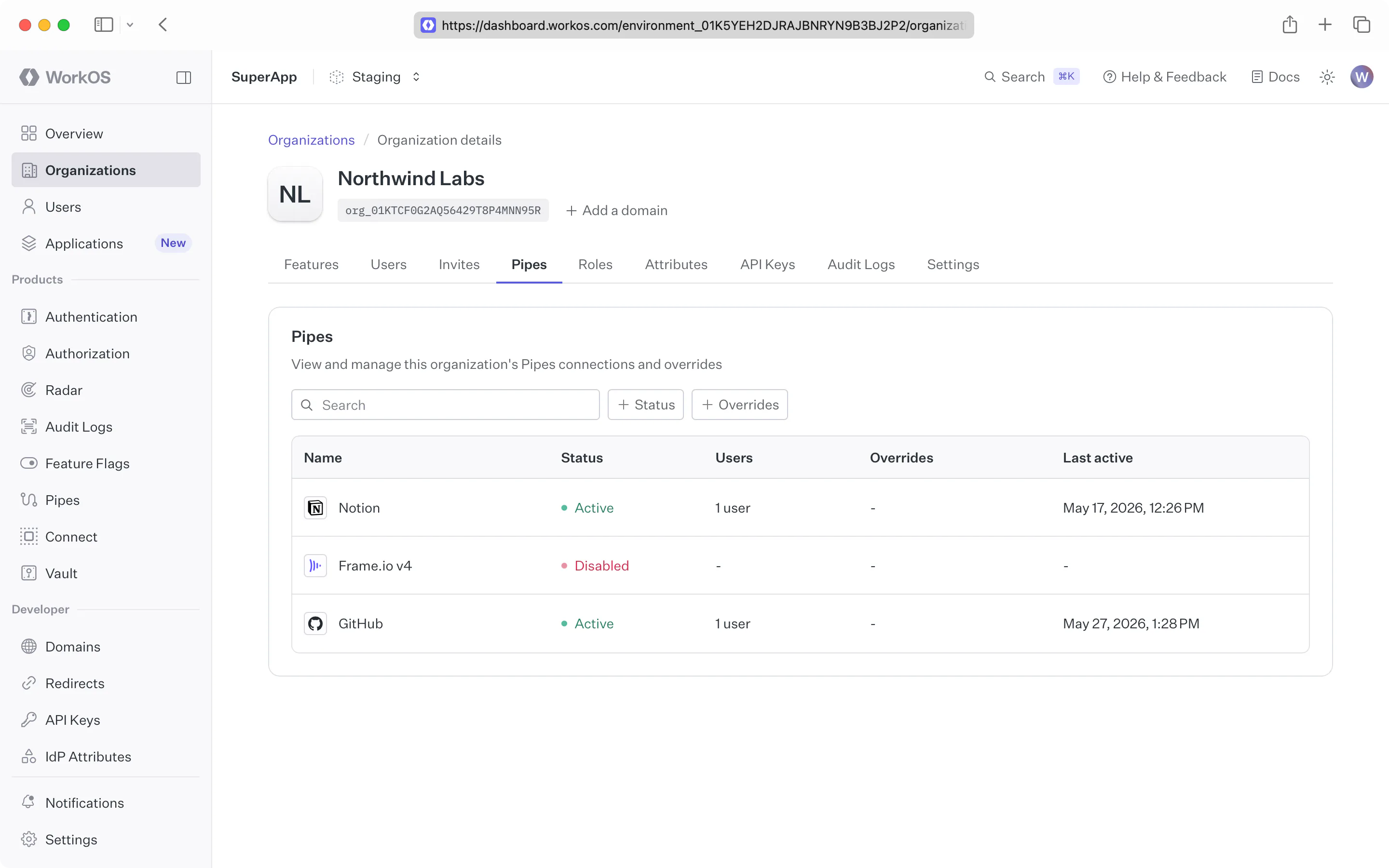 An organization's Pipes tab in the WorkOS Dashboard, listing the providers available to that organization with each one's status — some enabled, one disabled — and any overrides.