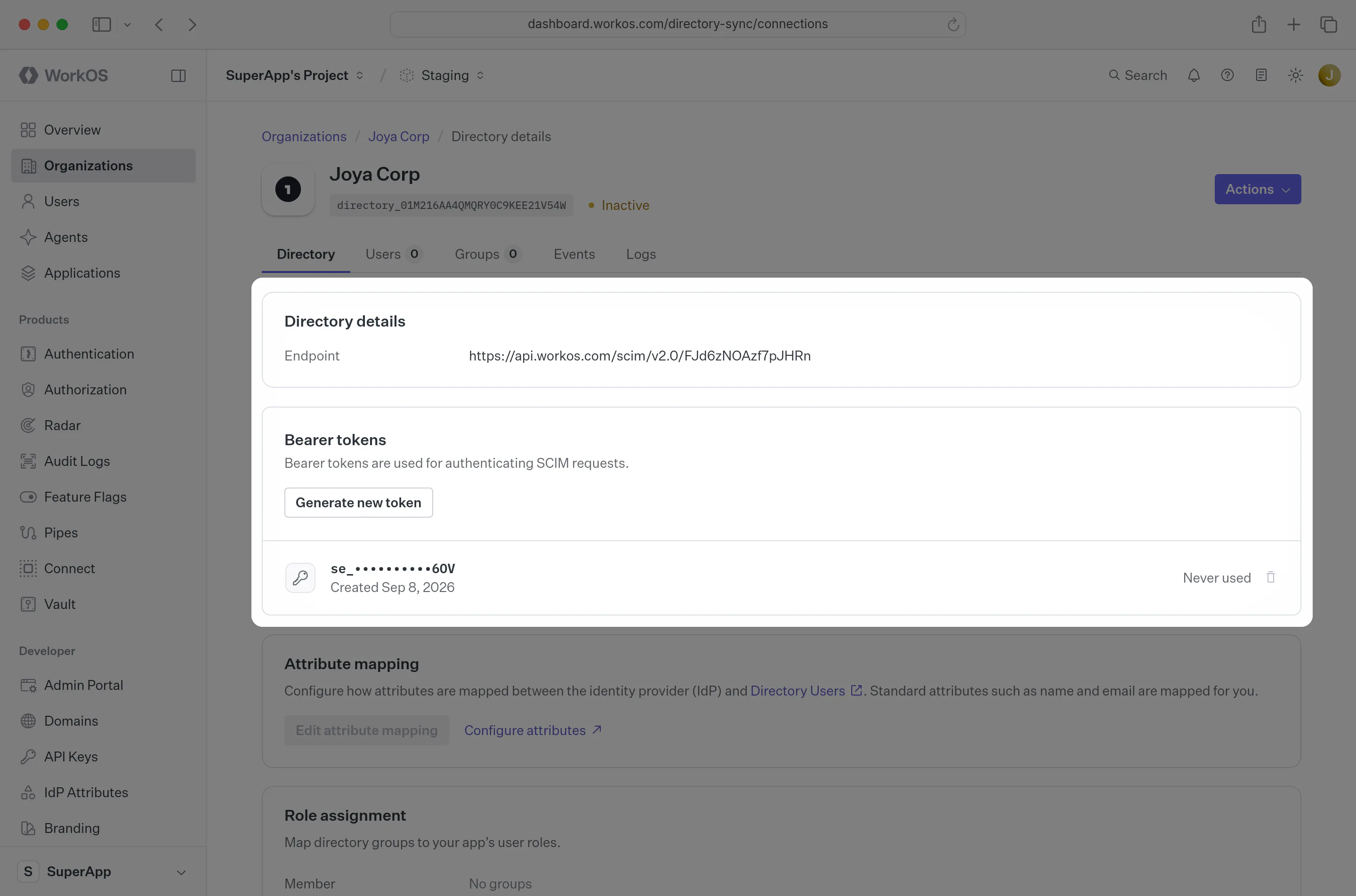 A screenshot showing where to find the “Endpoint” and “Bearer Token” for an organization in the WorkOS Dashboard.