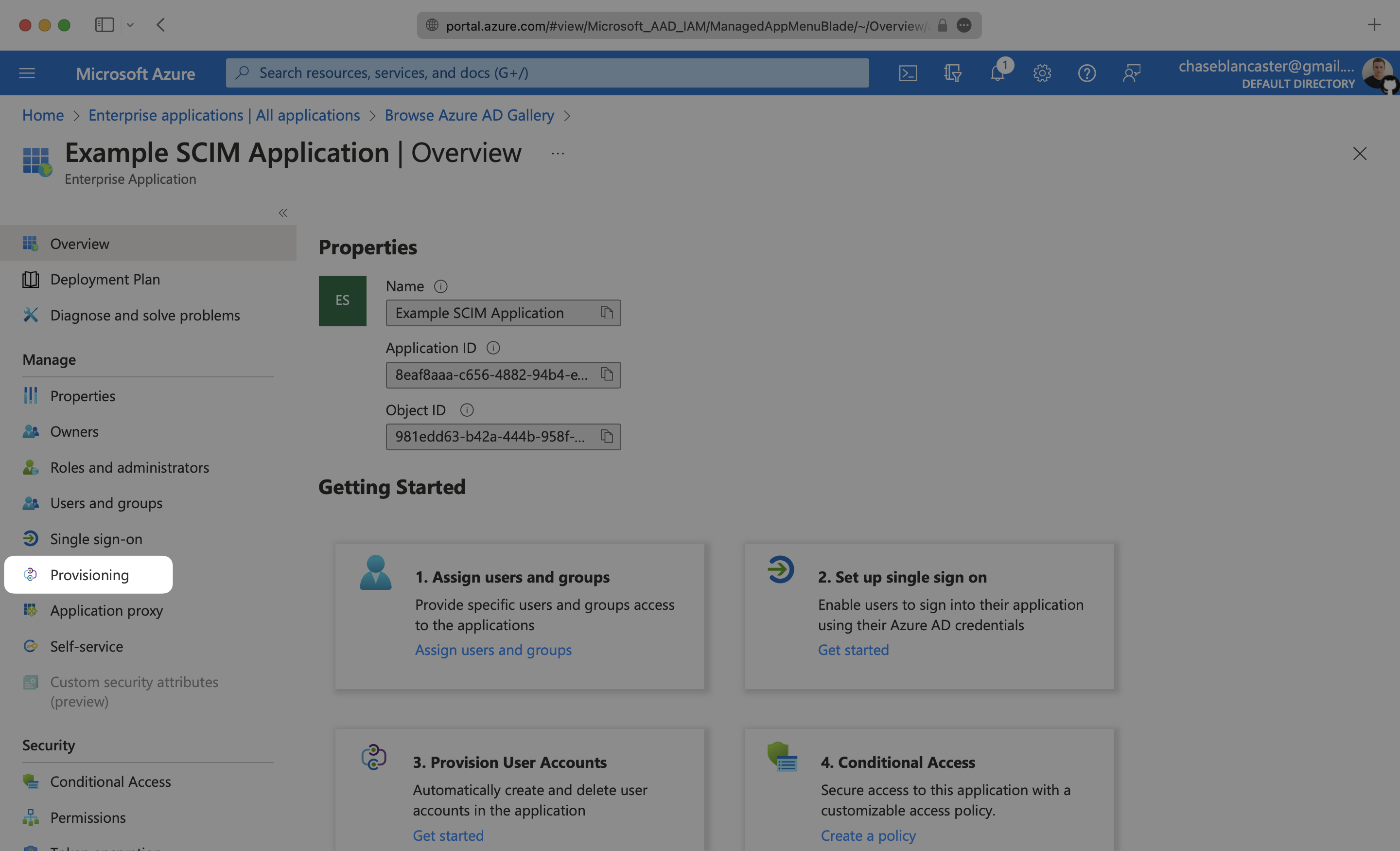 A screenshot showing where to select "Provisioning" from the "Manage" section in Azure.