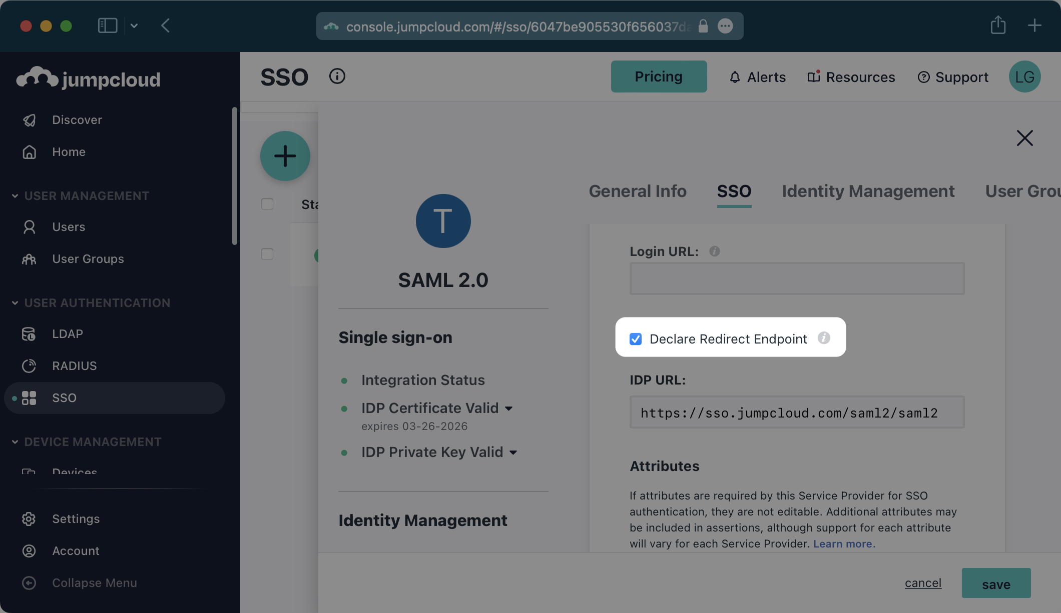 A screenshot highlighting the checked "Declare Redirect Endpoint" box in the JumpCloud dashboard.