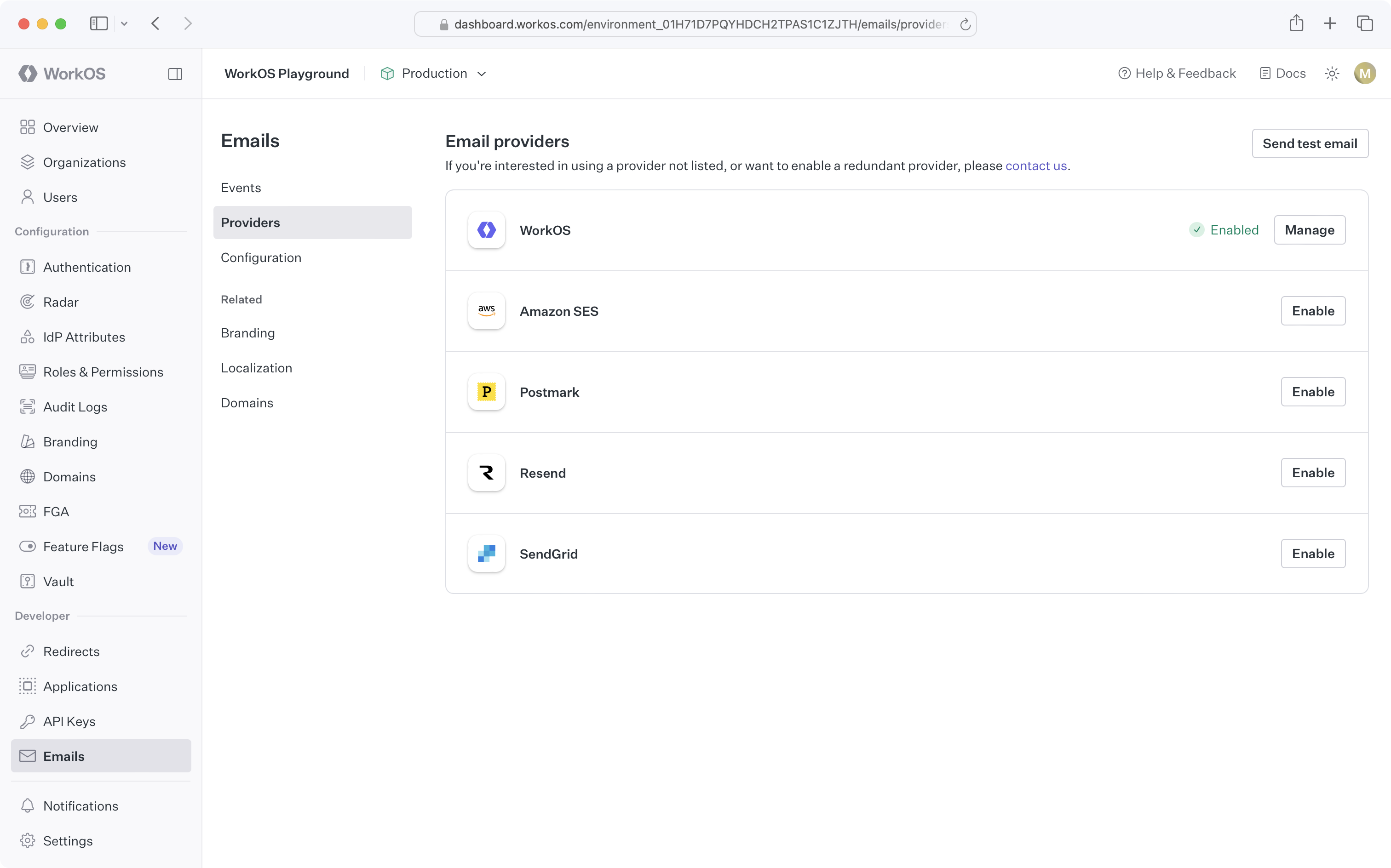 A screenshot showing the WorkOS Dashboard email providers page