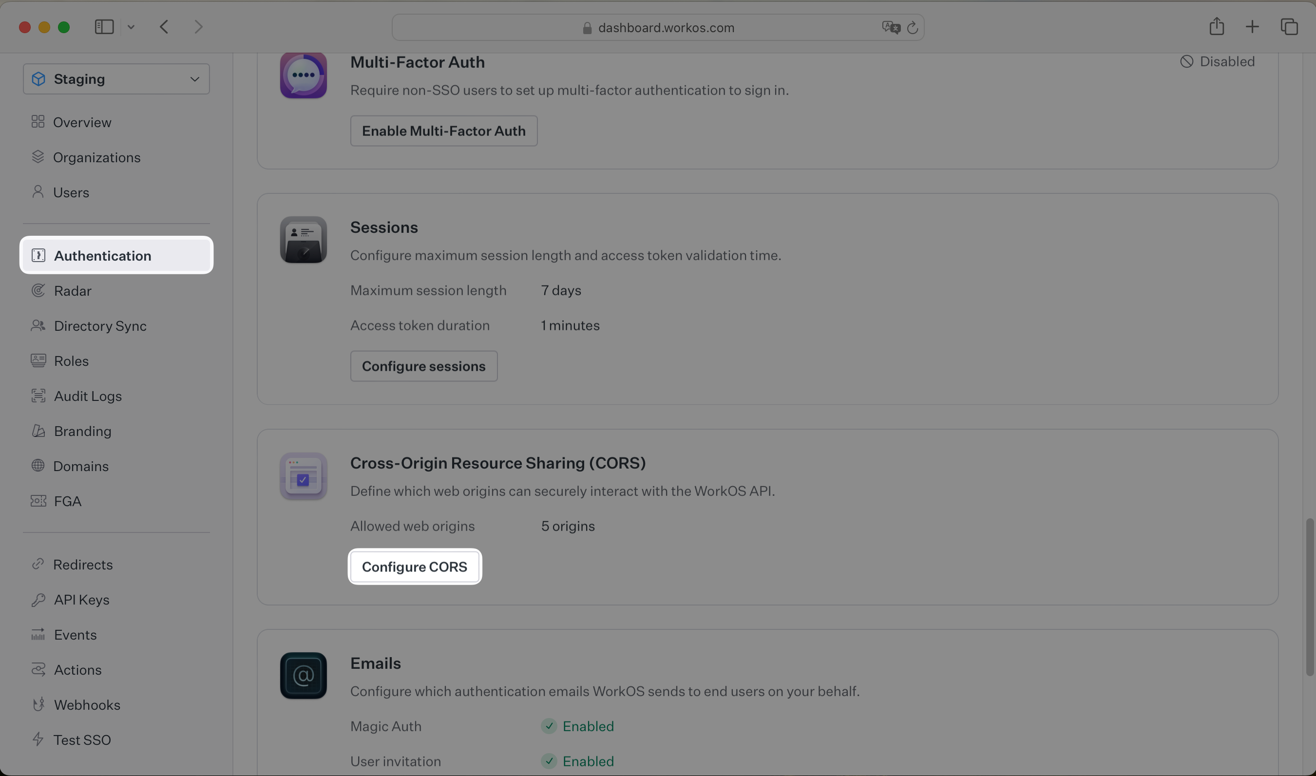 Screenshot of the WorkOS dashboard showing the "Configure CORS" option in the "Authentication" section.