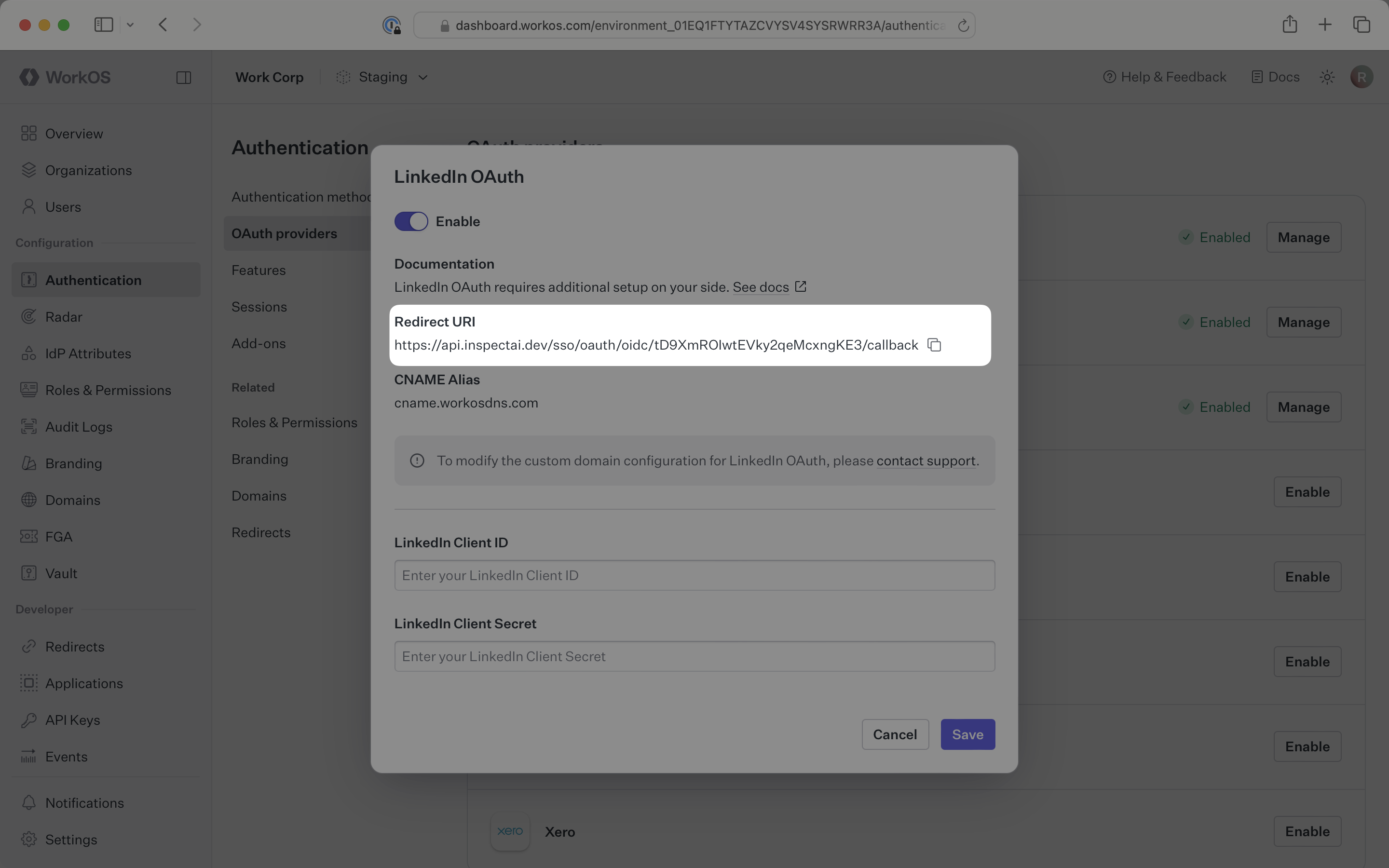 The LinkedIn OAuth configuration modal in the WorkOS Dashboard.