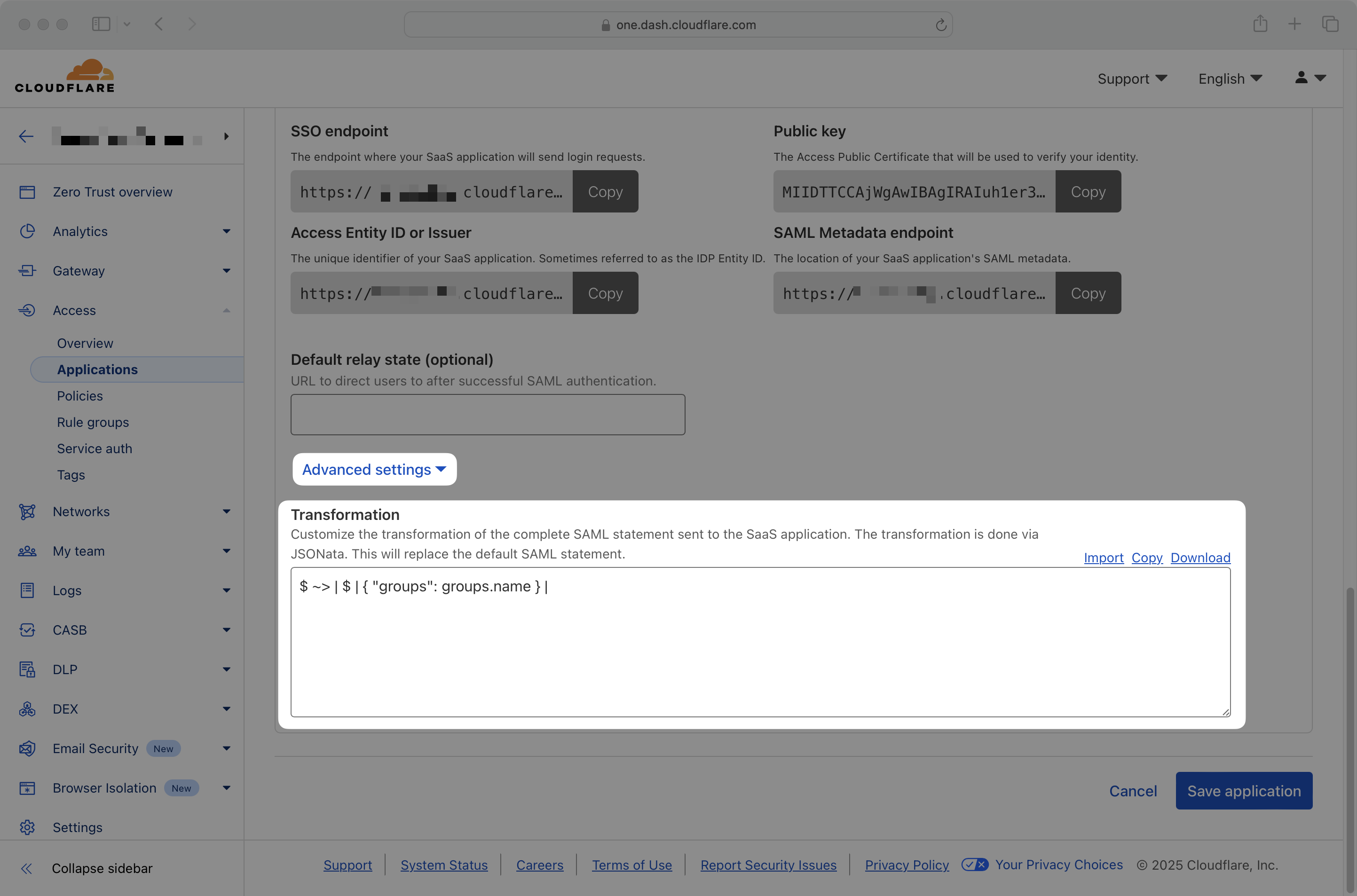 A screenshot showing JSONata transform applied to the groups attribute
