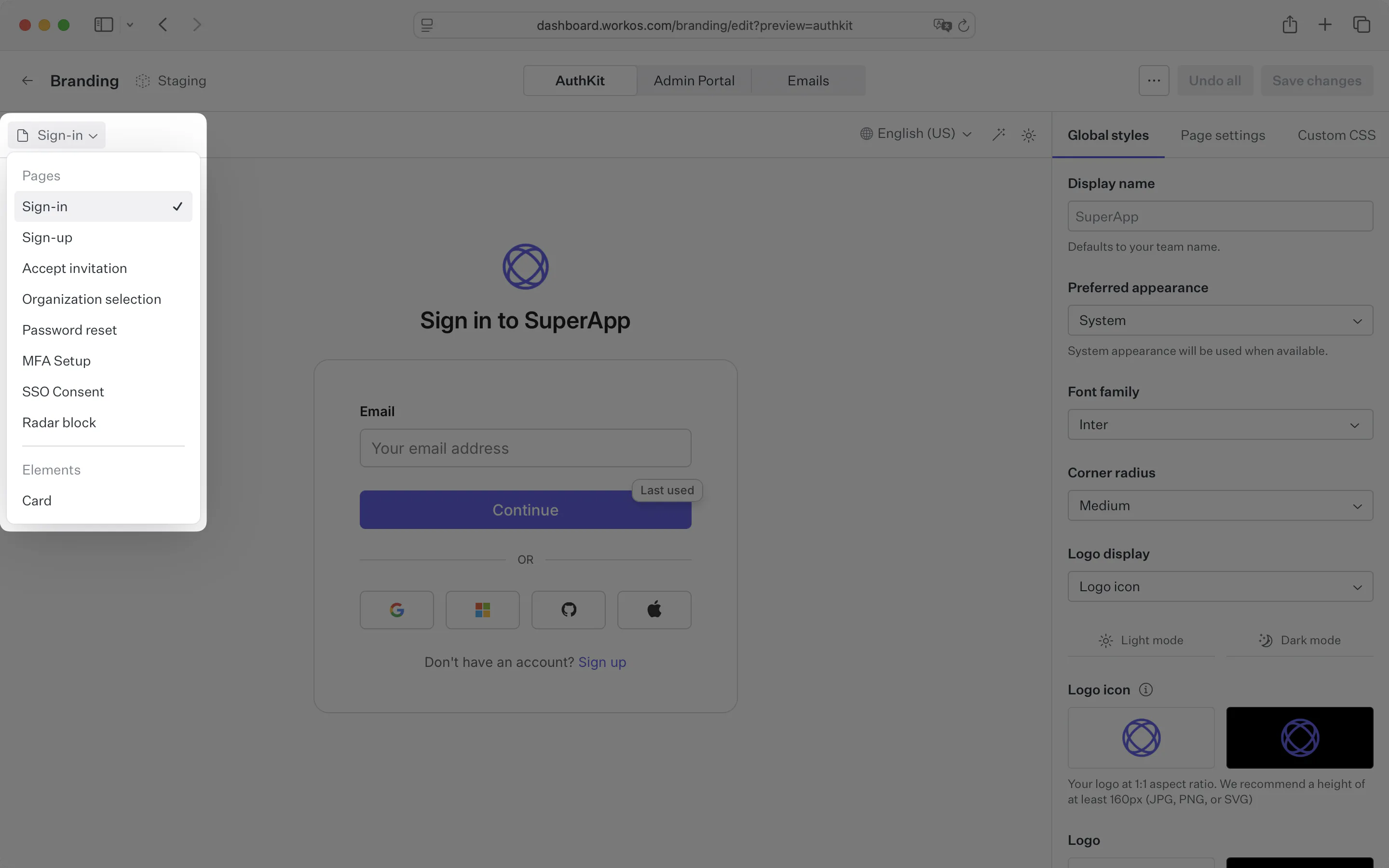 AuthKit page selector in the brand editor