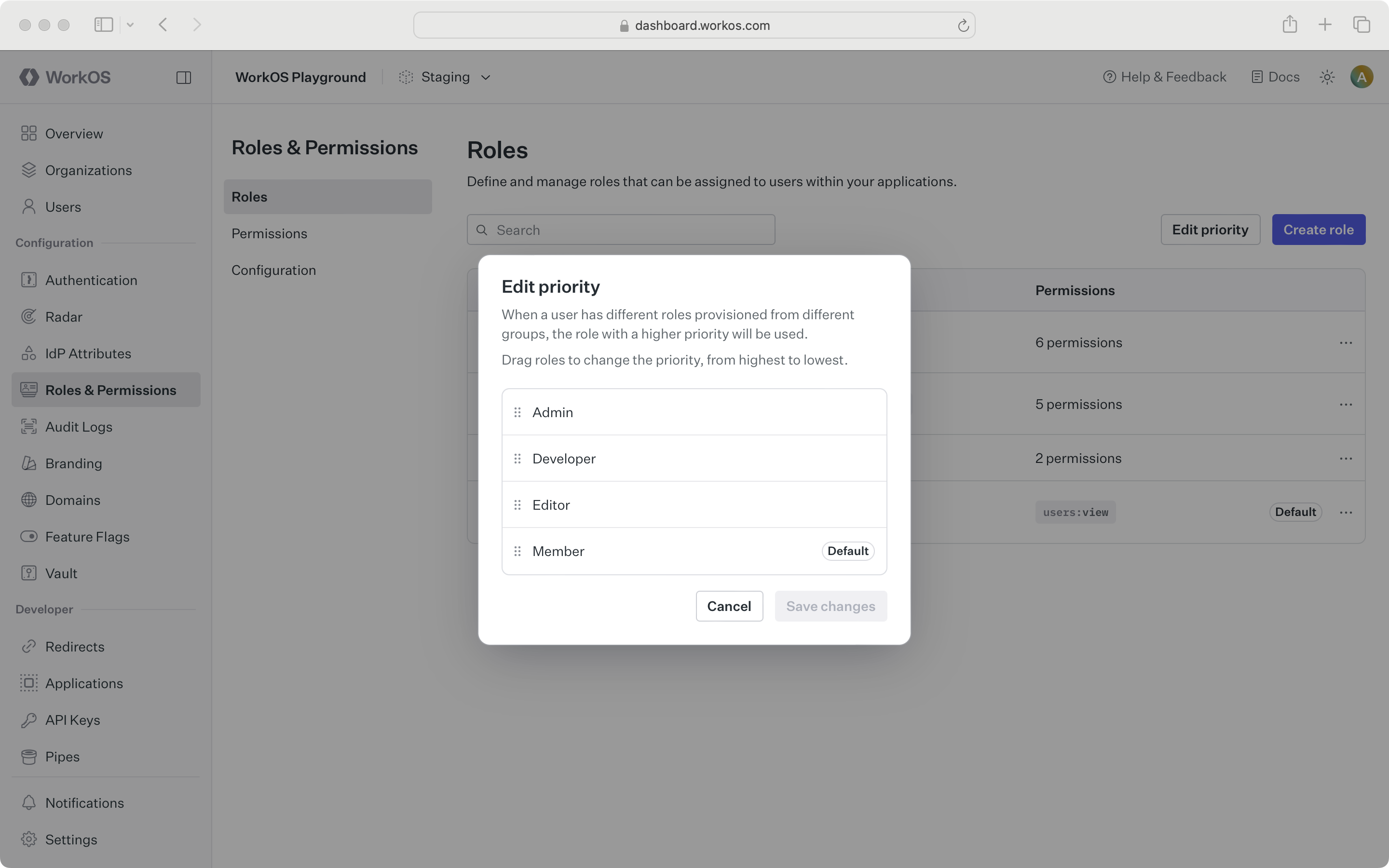 Edit role priority dialog