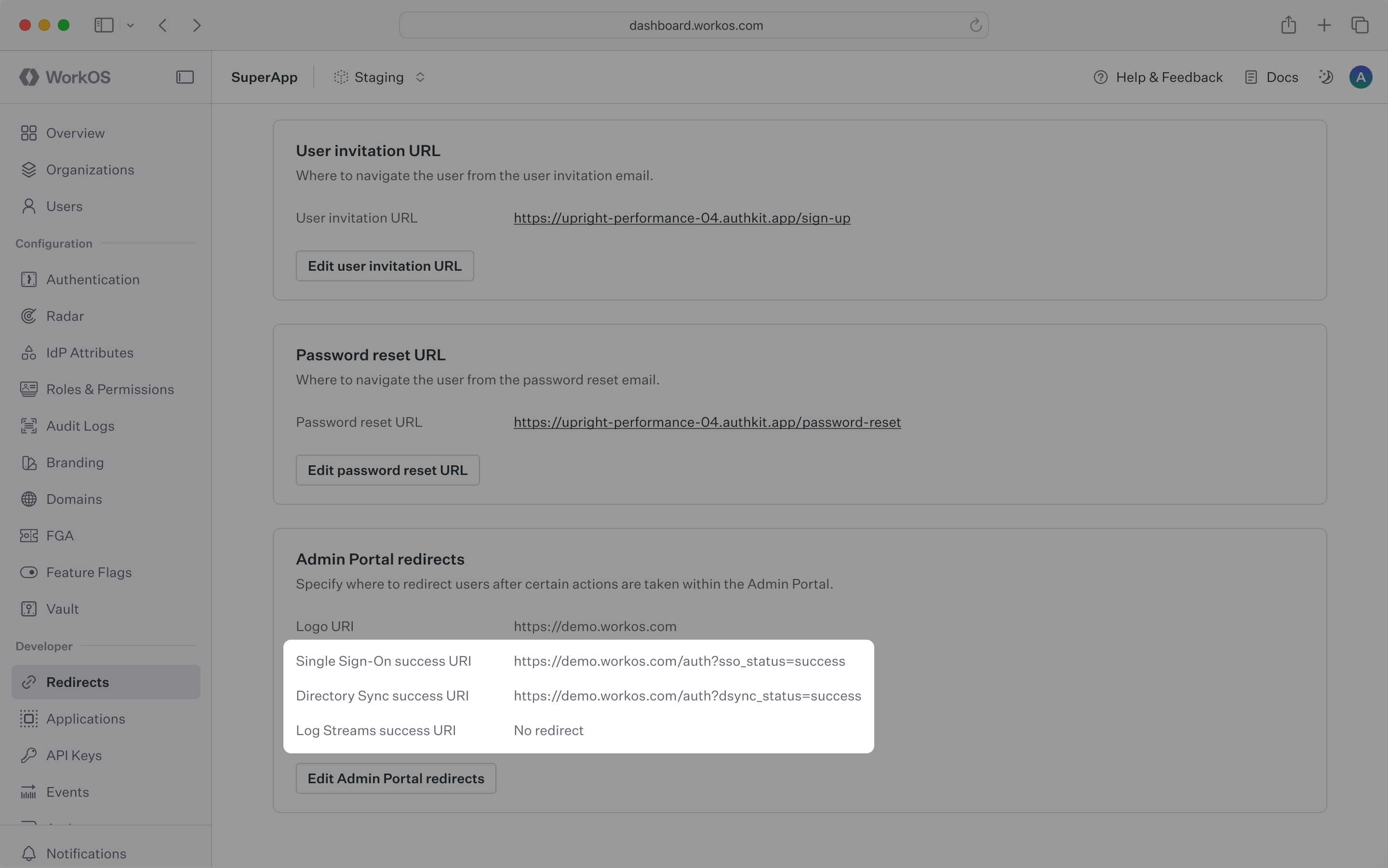 A screenshot showing the Admin Portal redirect URI variations in the WorkOS dashboard.