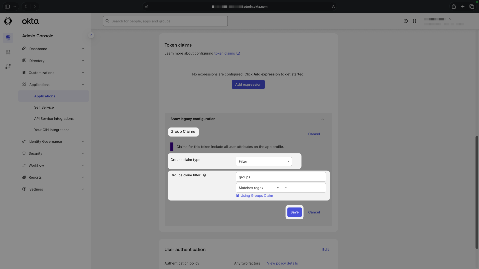 Okta app Legacy group claims configuration