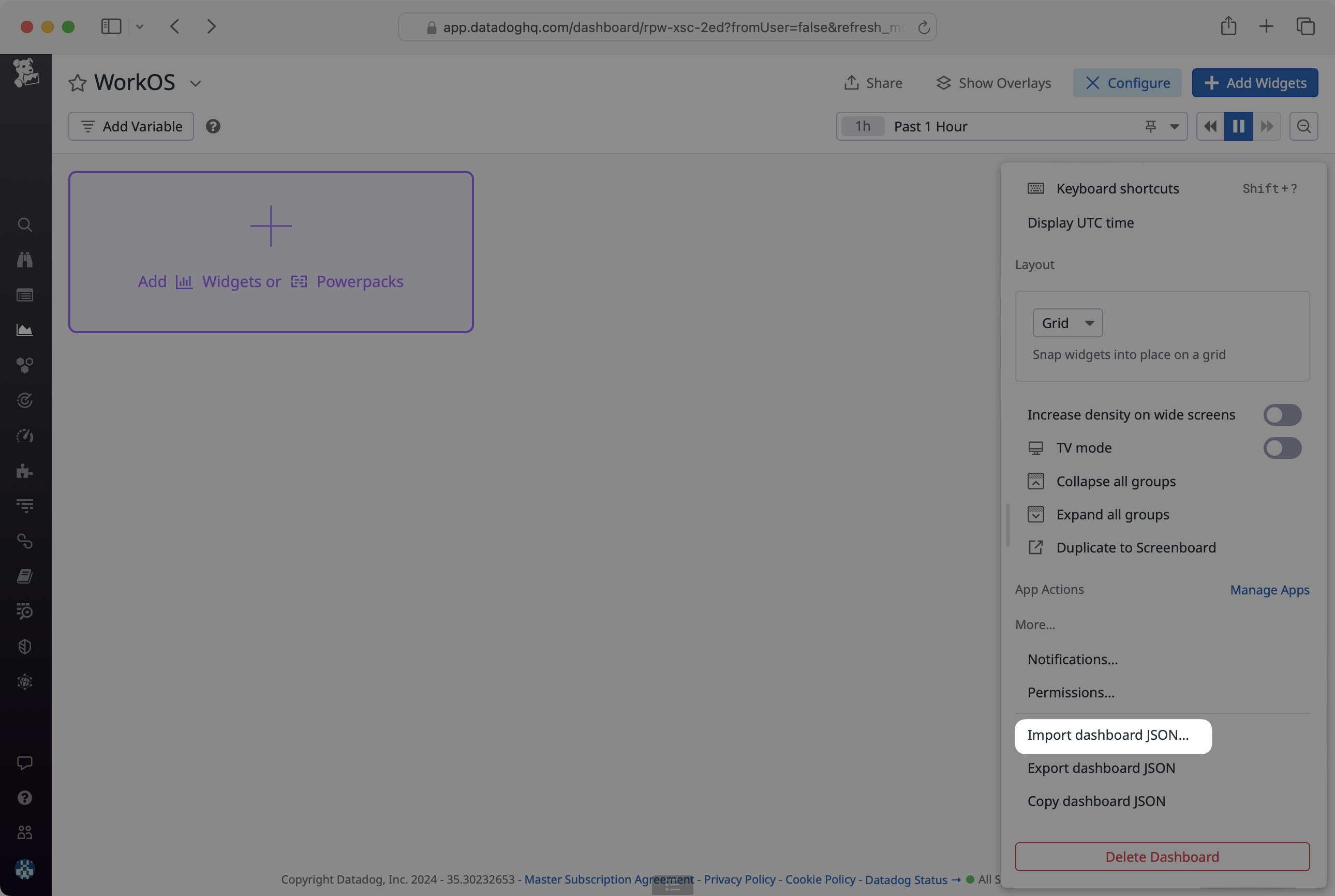 A screenshot showing how to import a JSON definition of a Dashboard into Datadog.