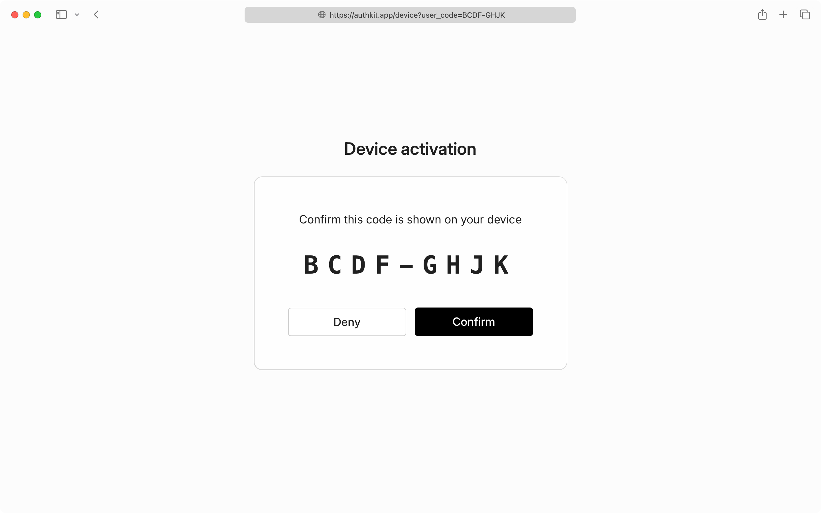 Screenshot of the pre-filled code-confirmation form in AuthKit