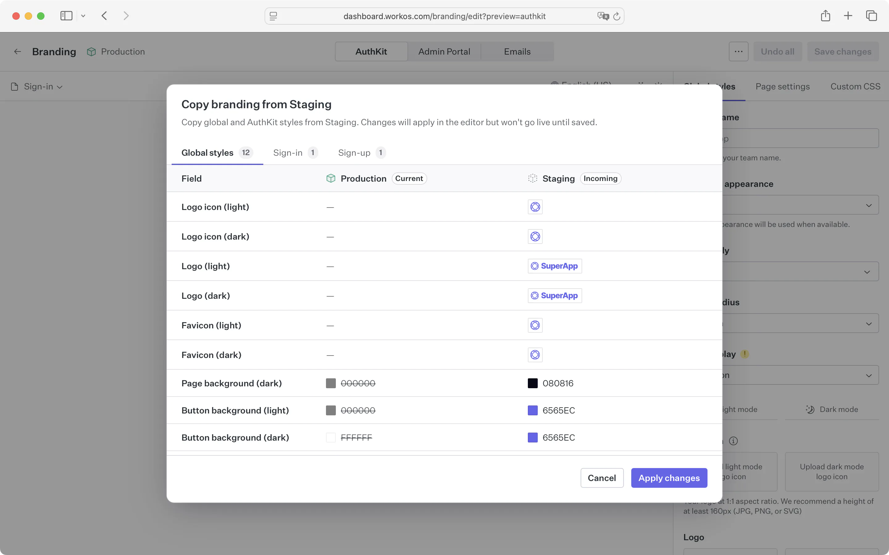Copy branding diff dialog open in the brand editor