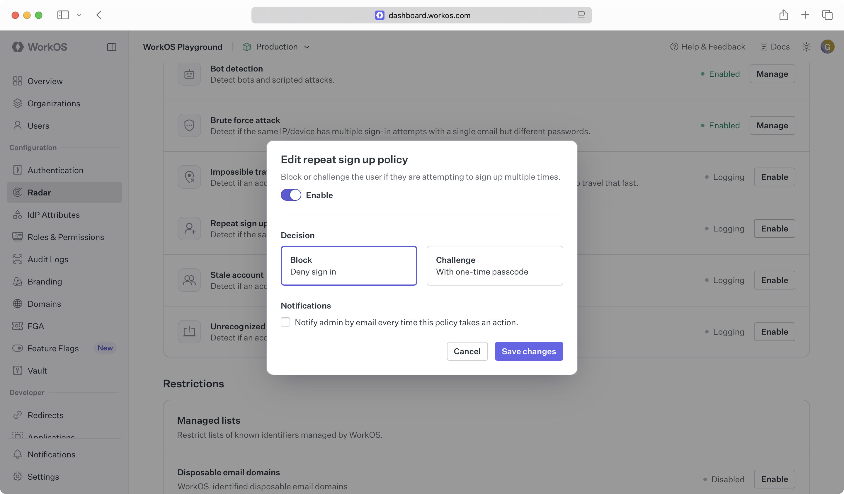 Radar Repeat Sign Up protection modal