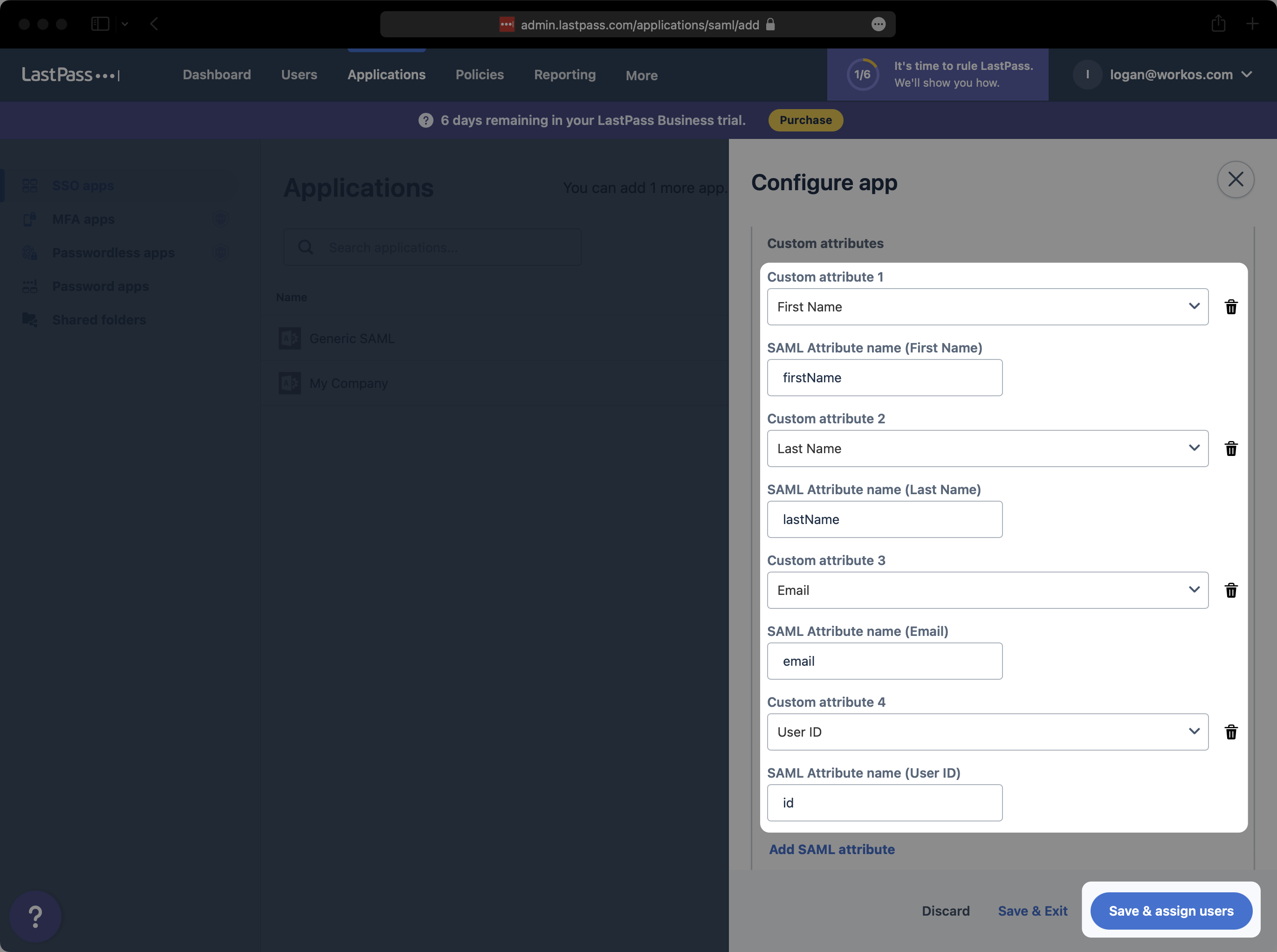 A screenshot showing hot to add Attribute Mapping for a LastPass SAML app.