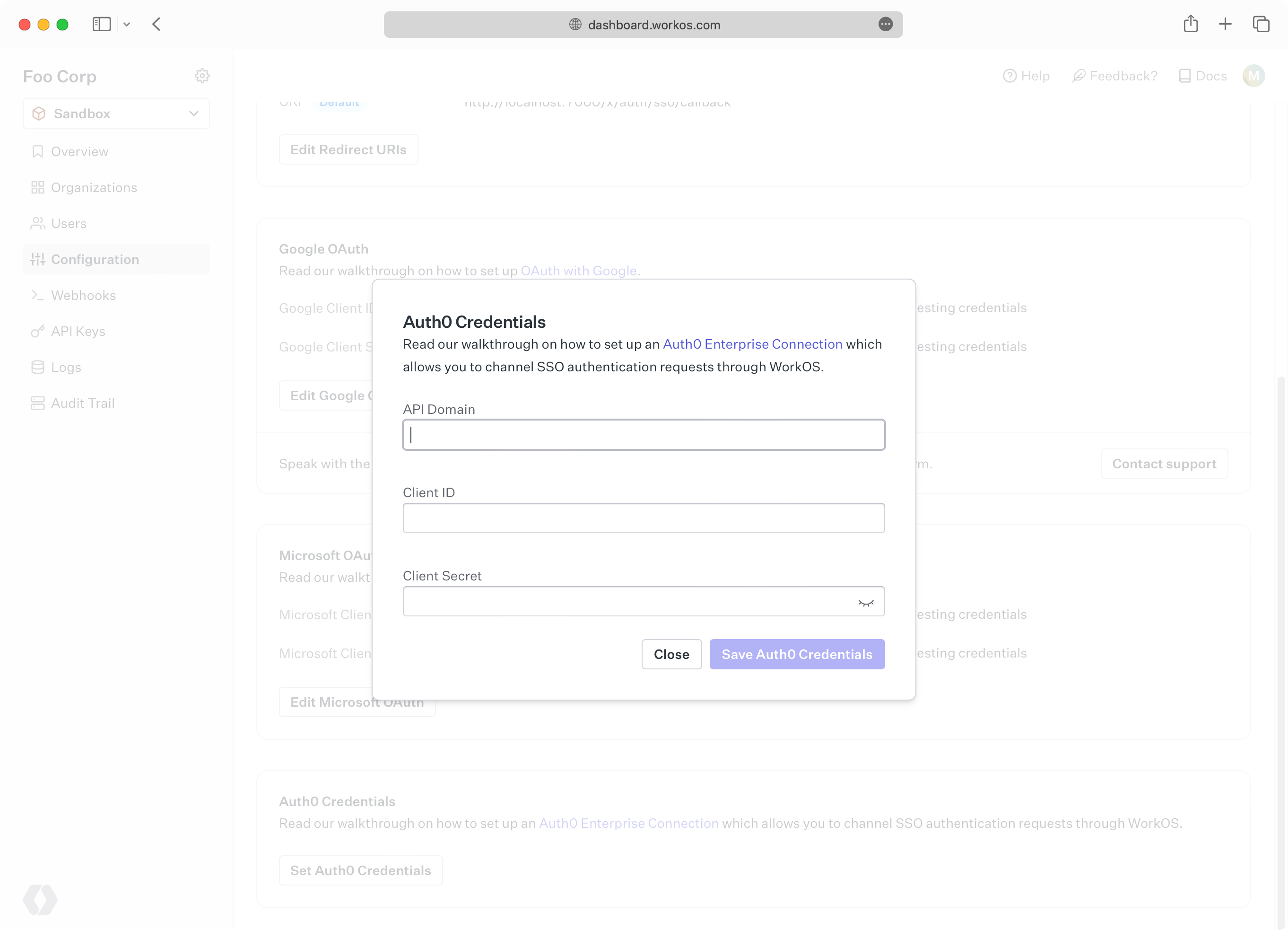 A screenshot showing the "Auth0 Credentials" form in the WorkOS dashboard.