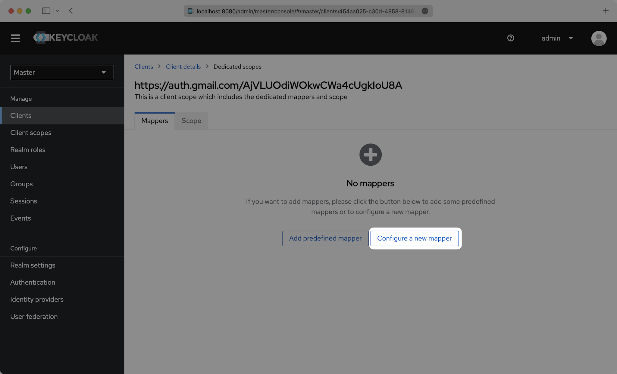 A screenshot highlighting the "Configure a new mapper" button in the Keycloak dashboard.