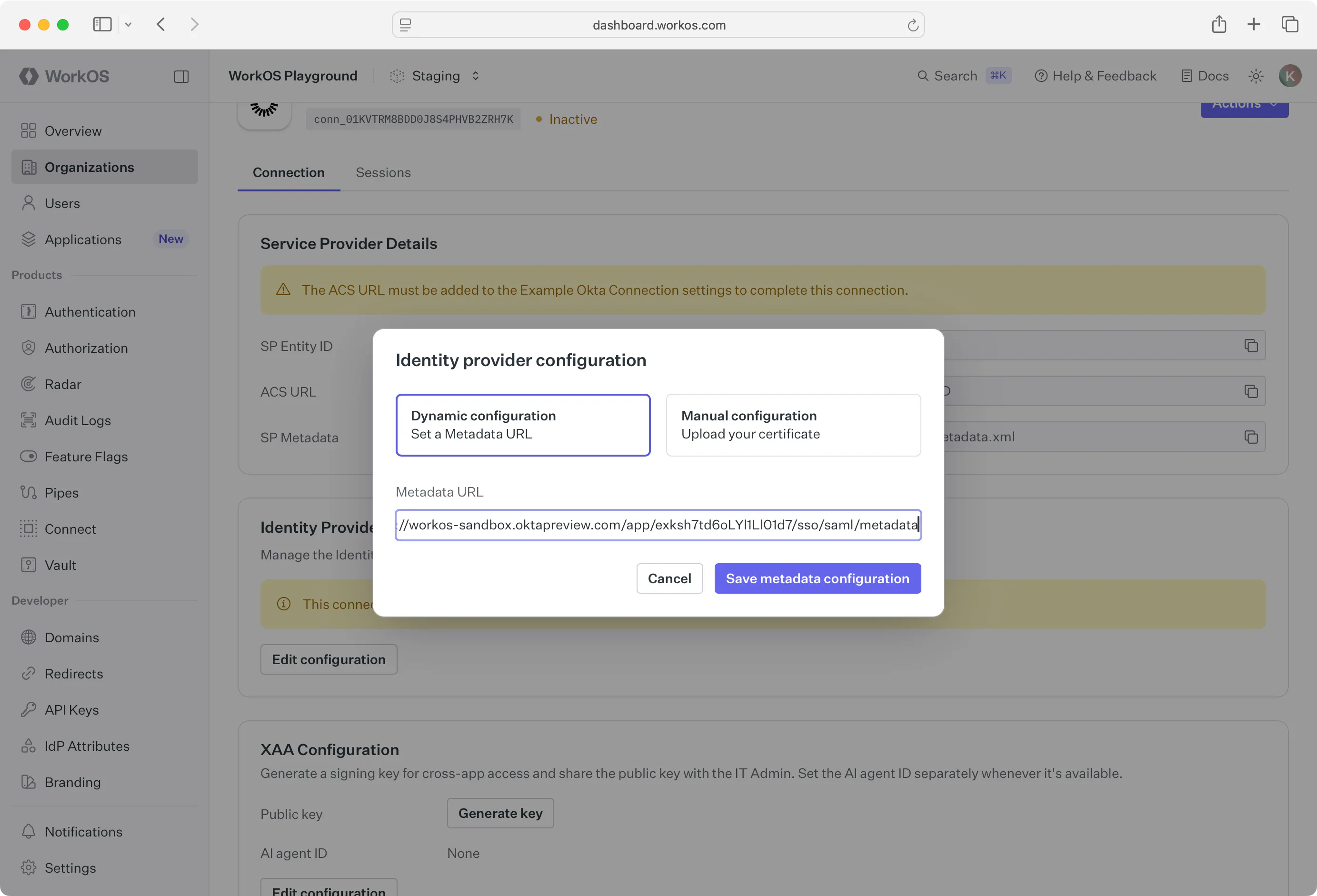 A screenshot showing where to add the Okta Metadata URL in the WorkOS Dashboard.