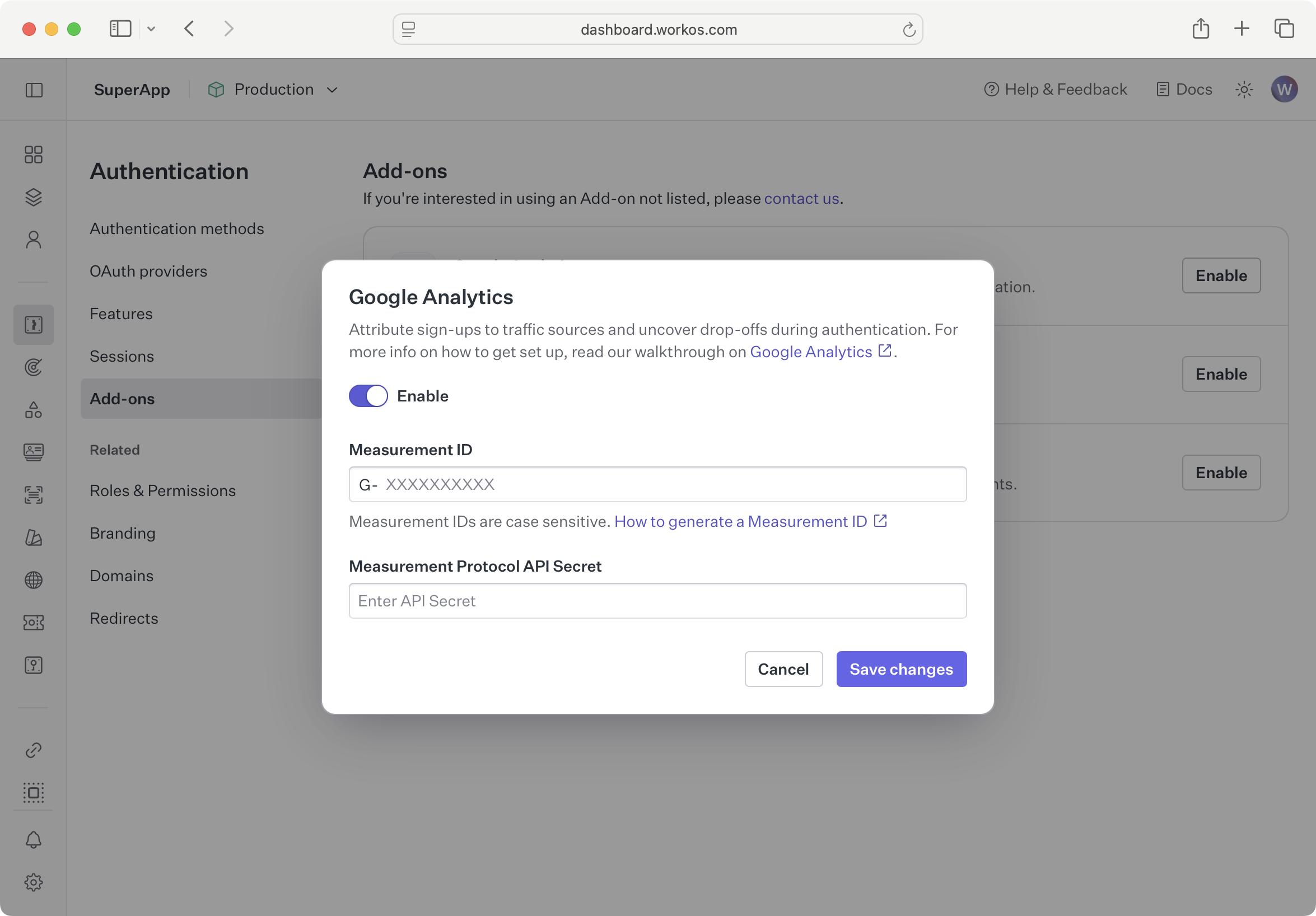 Google Analytics modal with Measurement ID and Measurement Protocol API Secret fields in the WorkOS Dashboard
