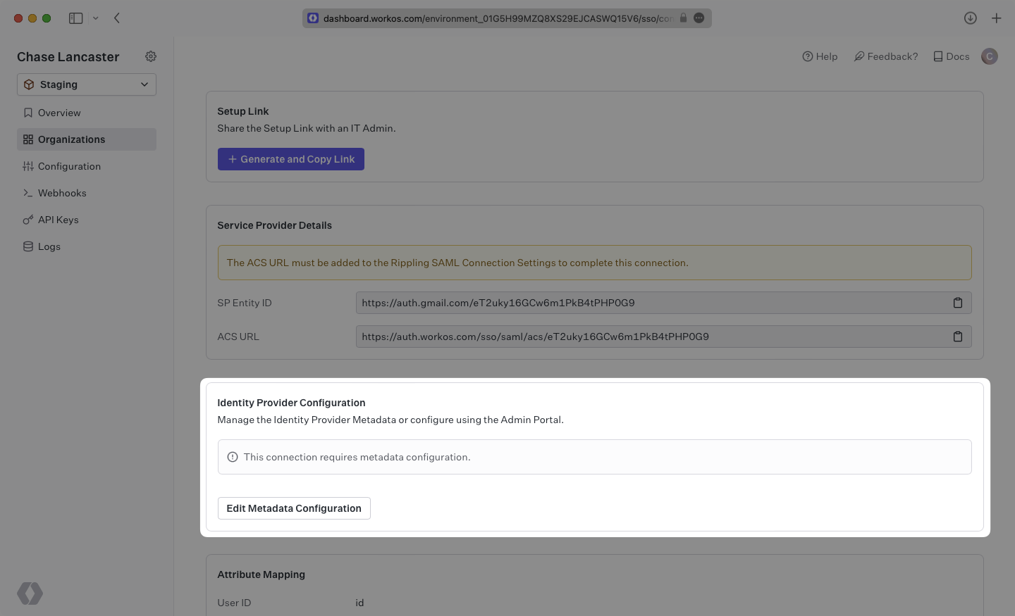 A screenshot showing where to select "Edit Metadata Configuration" in the WorkOS dashboard.