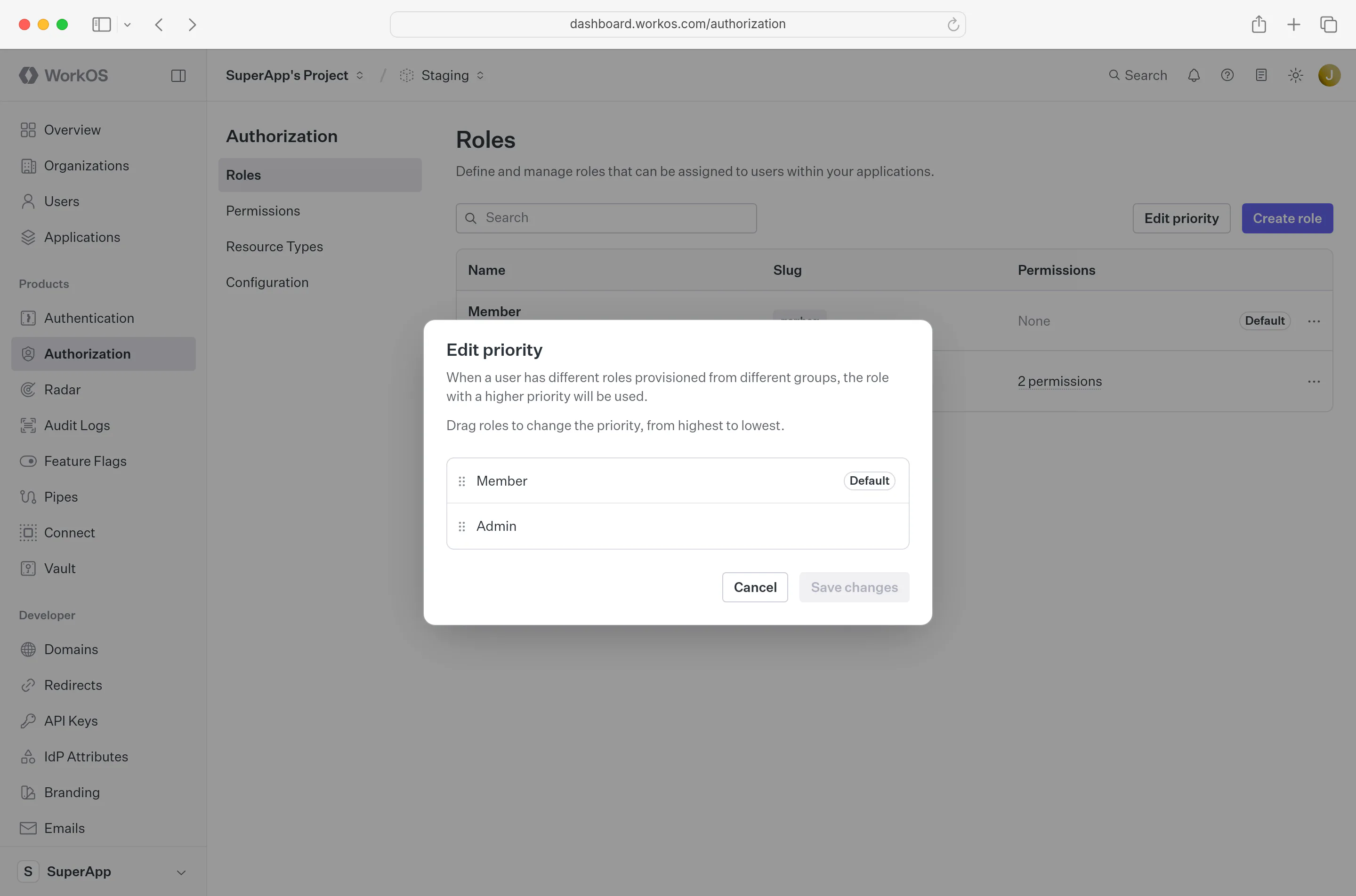 Edit role priority dialog