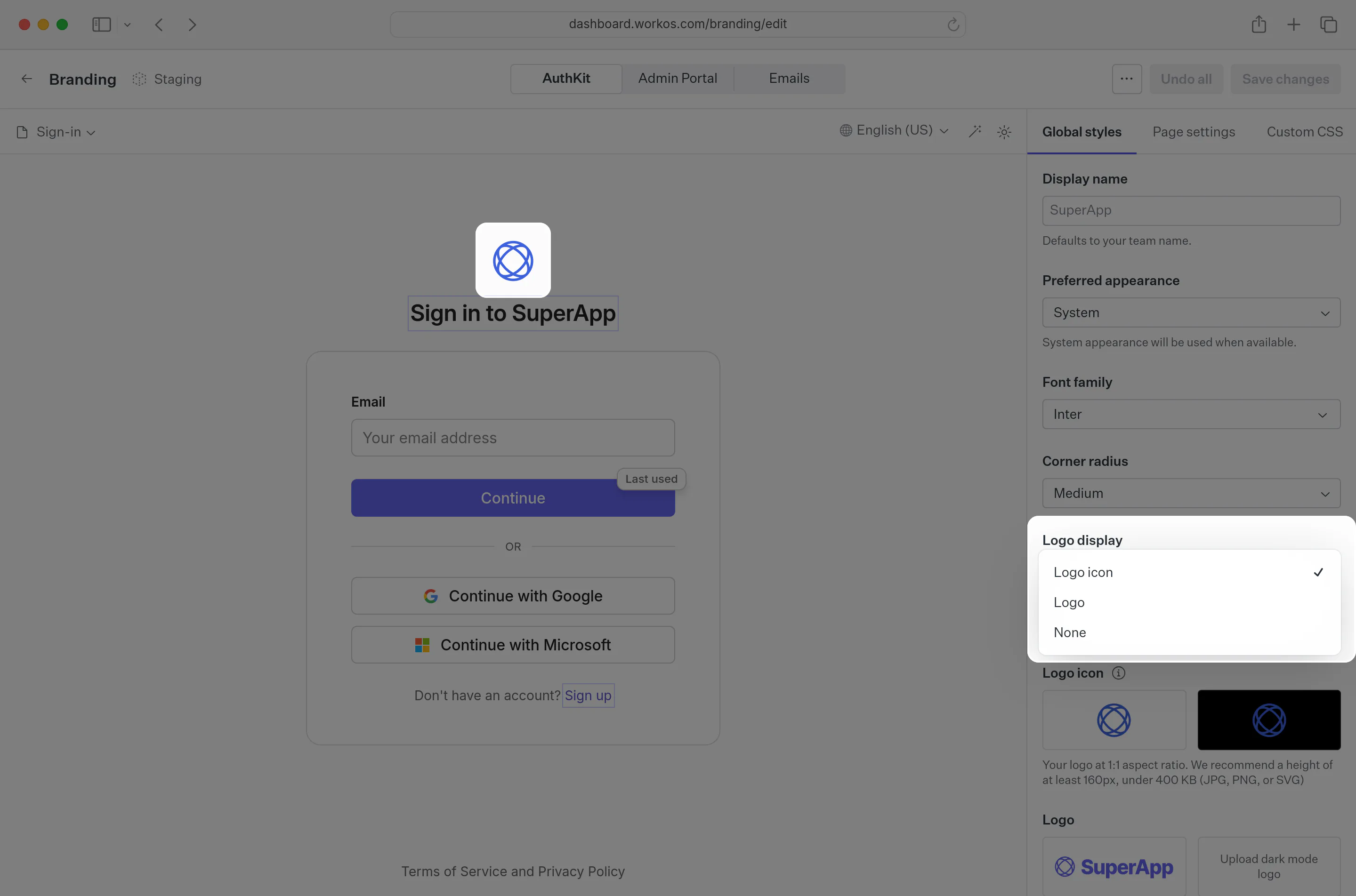 Logo display select open in the brand editor